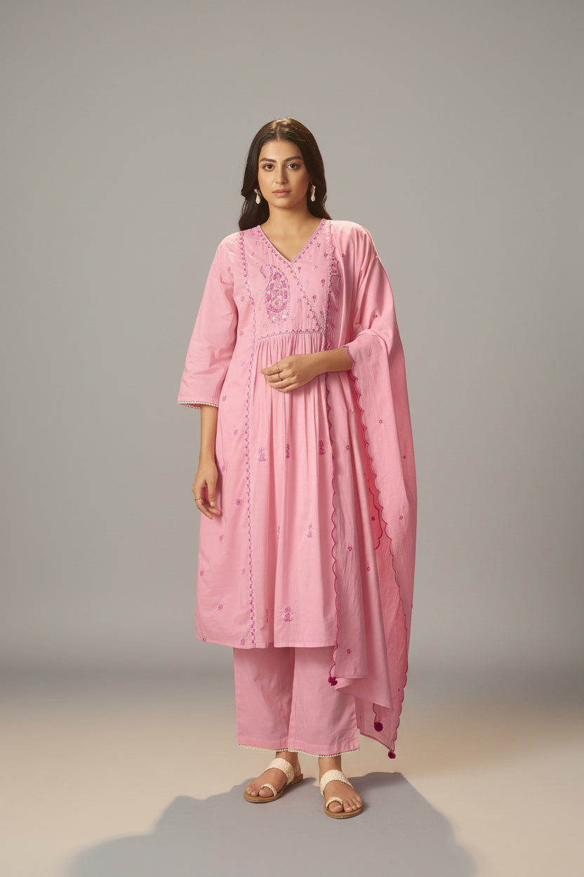 Flamingo Pink A-Line Cotton Embroidery Kurta Set
