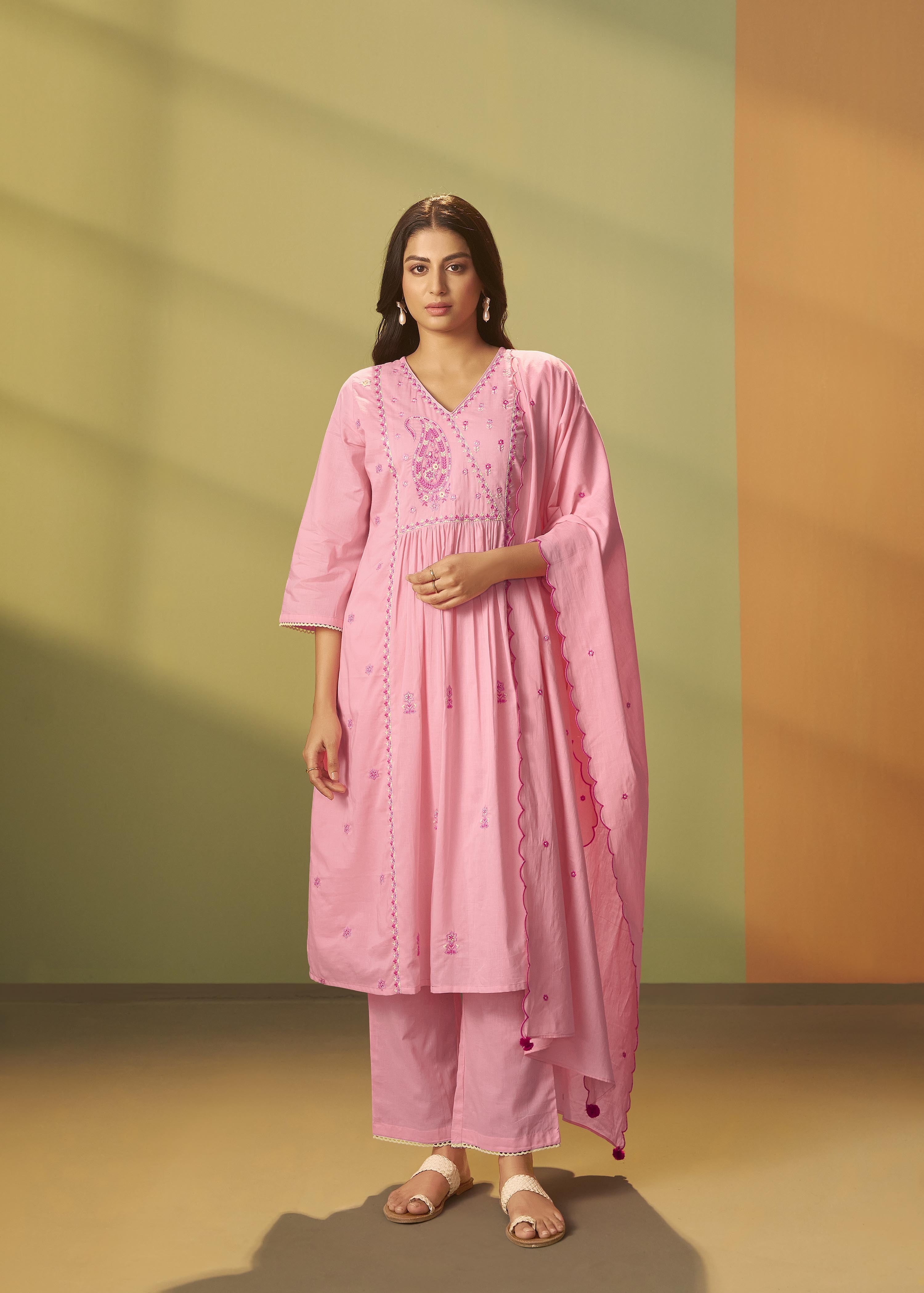 Flamingo Pink A-Line Cotton Embroidery Kurta Set