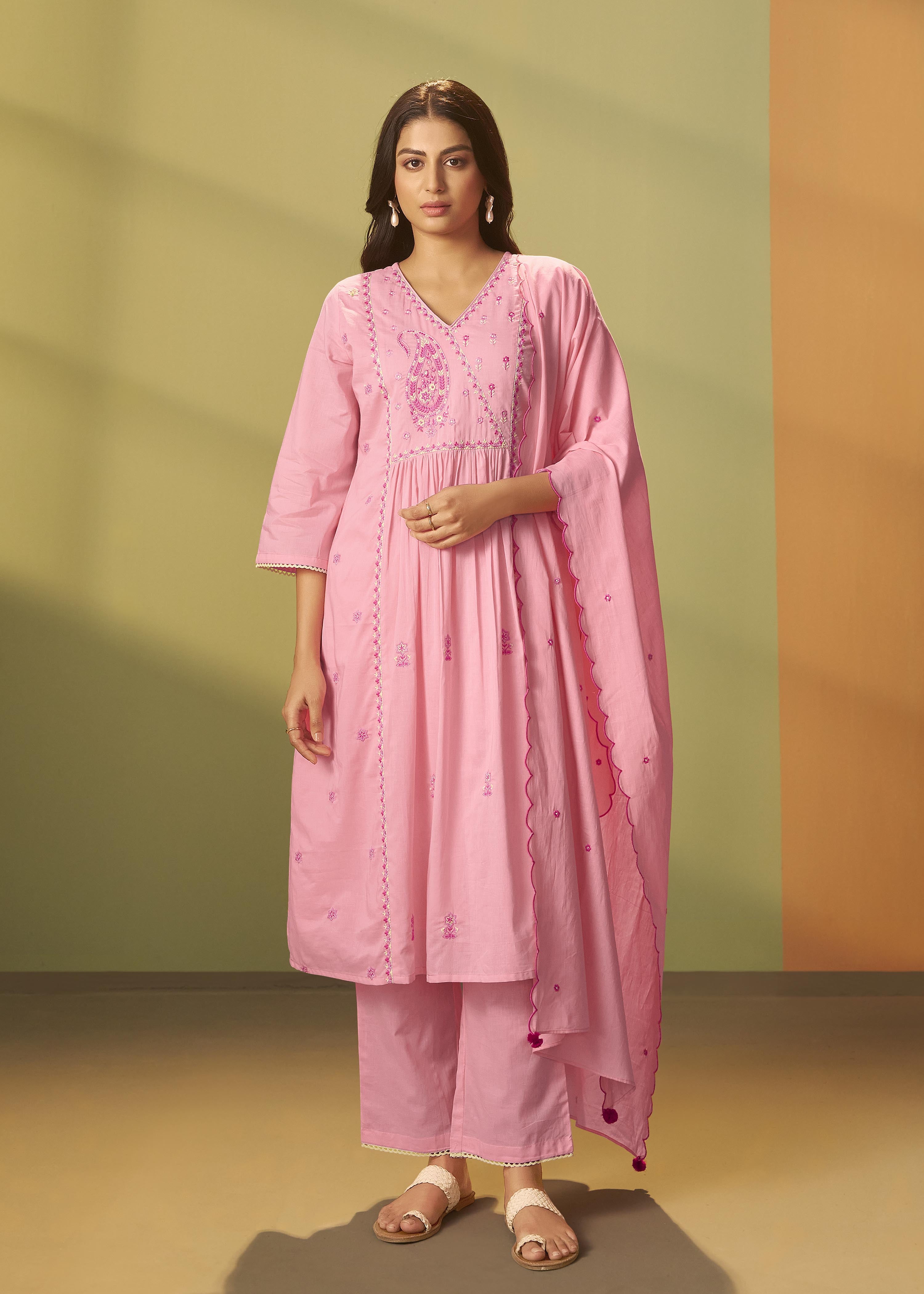Flamingo Pink A-Line Cotton Embroidery Kurta Set