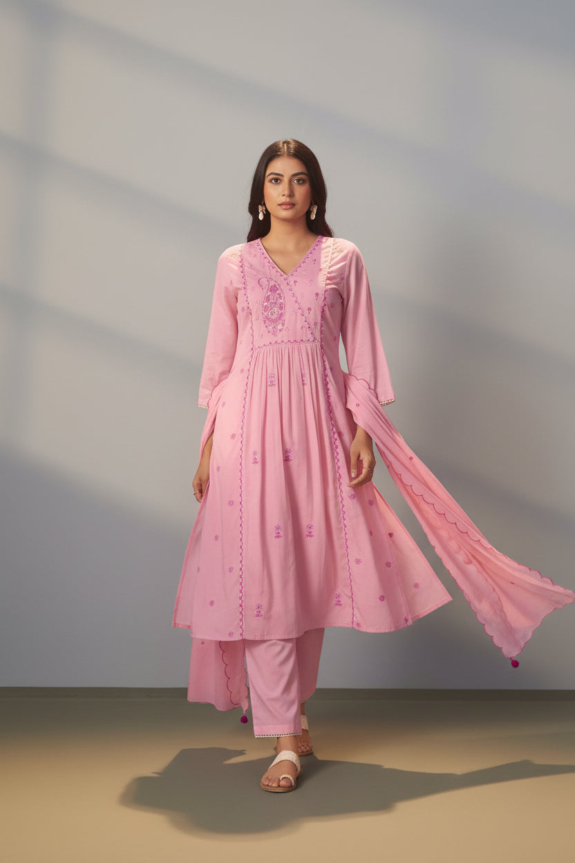 Flamingo Pink A-Line Cotton Embroidery Kurta Set