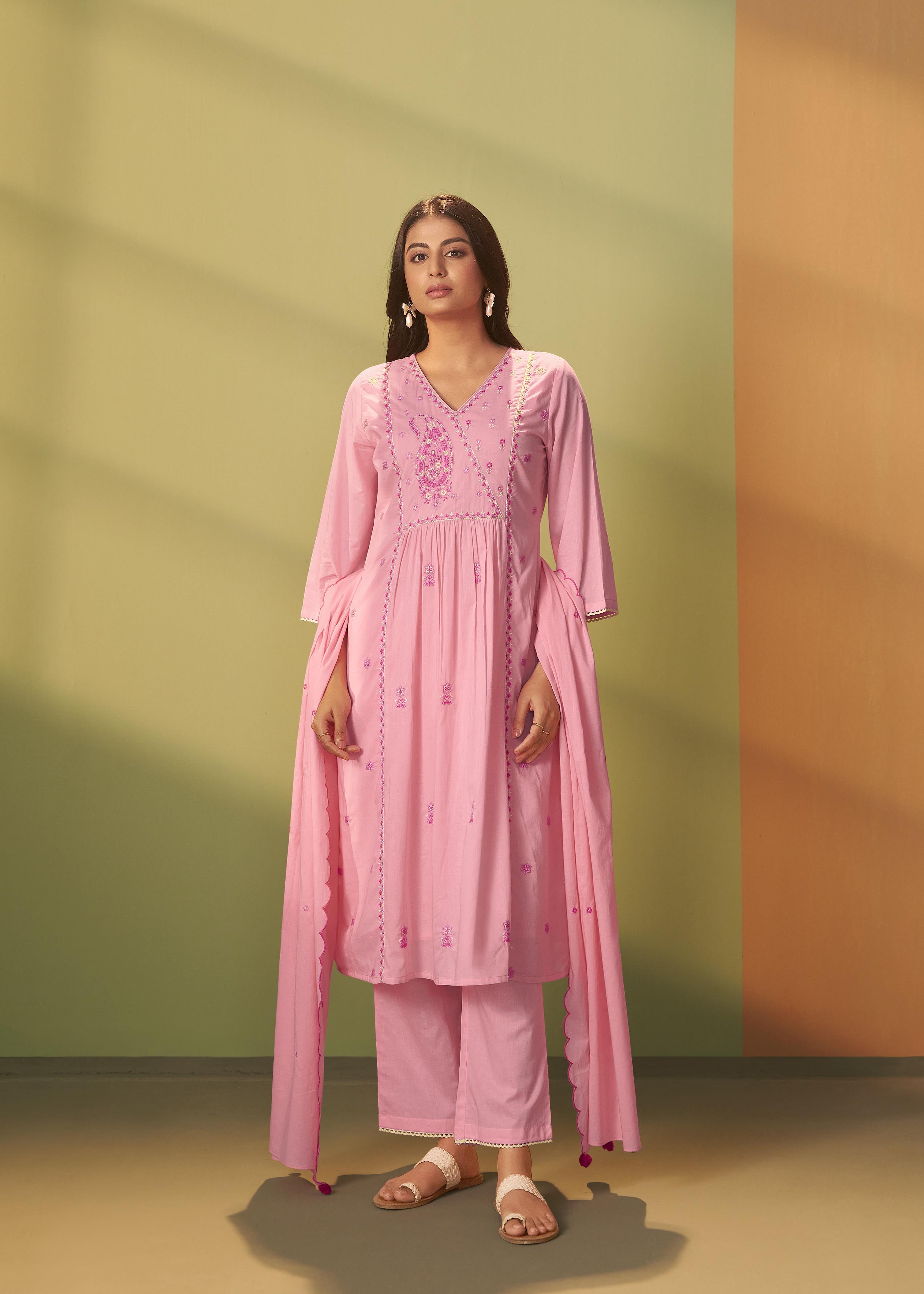 Flamingo Pink A-Line Cotton Embroidery Kurta Set