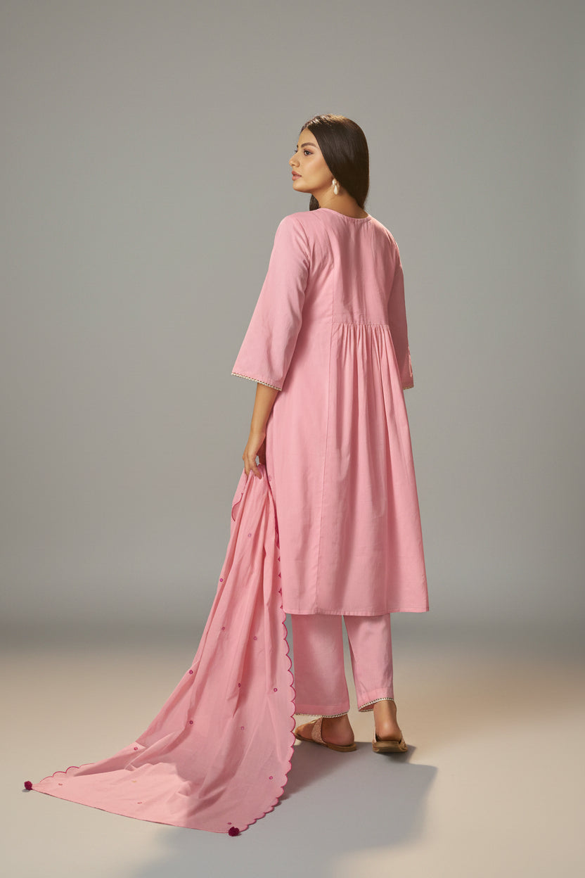 Flamingo Pink A-Line Cotton Embroidery Kurta Set
