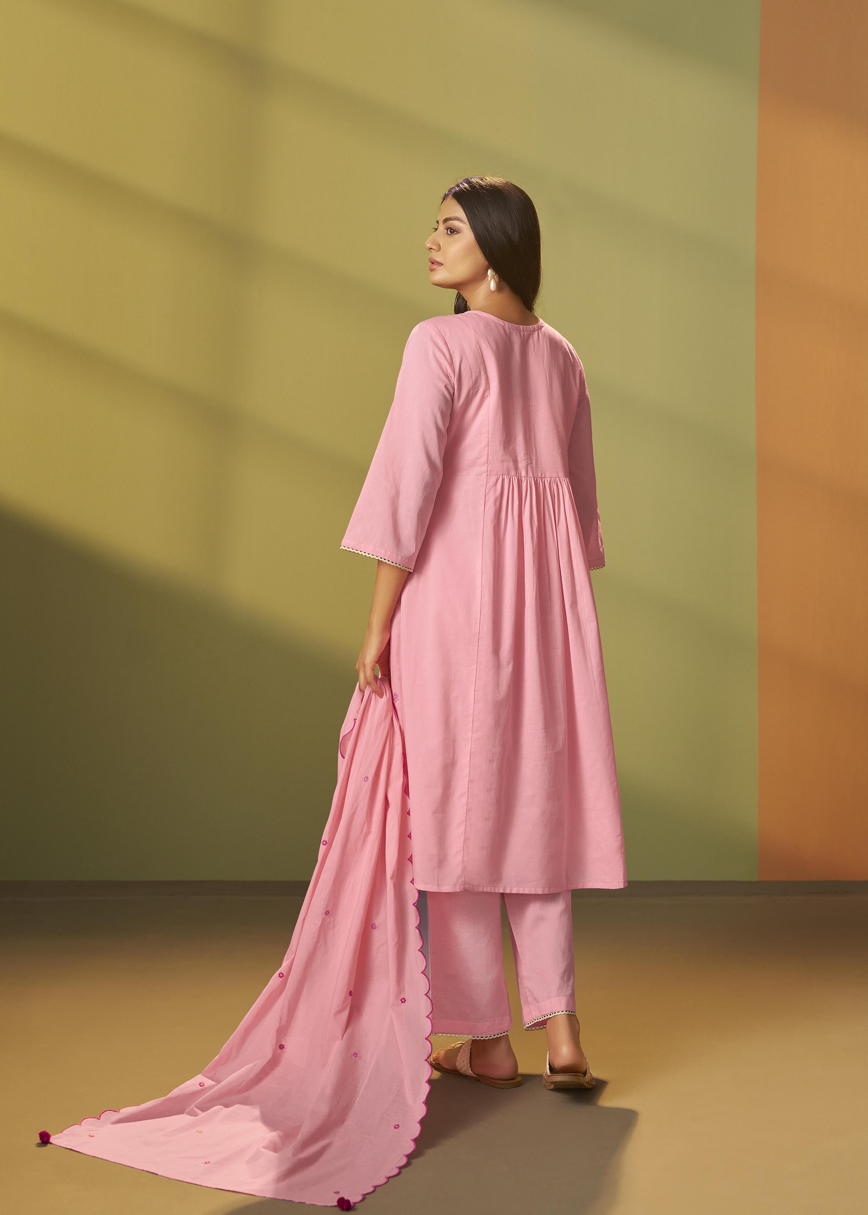 Flamingo Pink A-Line Cotton Embroidery Kurta Set