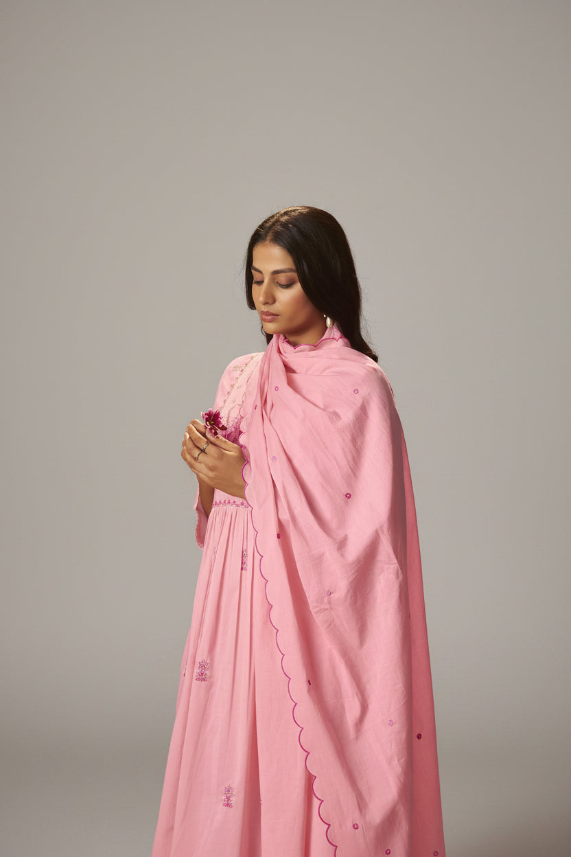 Flamingo Pink A-Line Cotton Embroidery Kurta Set