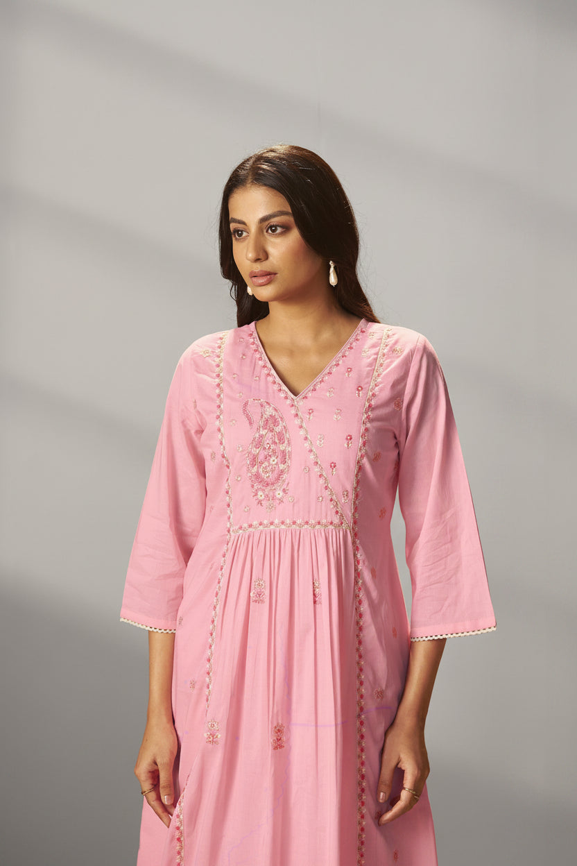 Flamingo Pink A-Line Cotton Embroidery Kurta Set