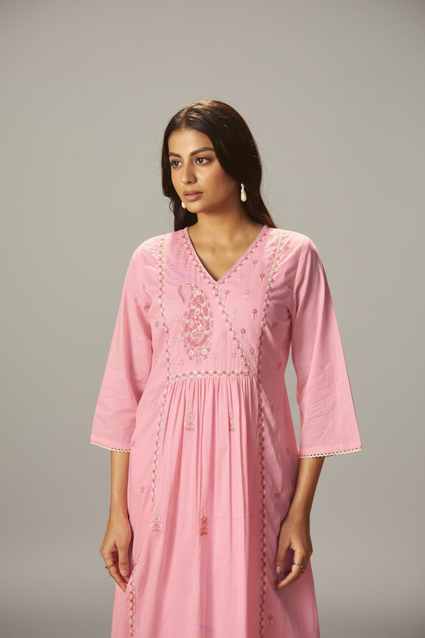 Flamingo Pink A-Line Cotton Embroidery Kurta Set