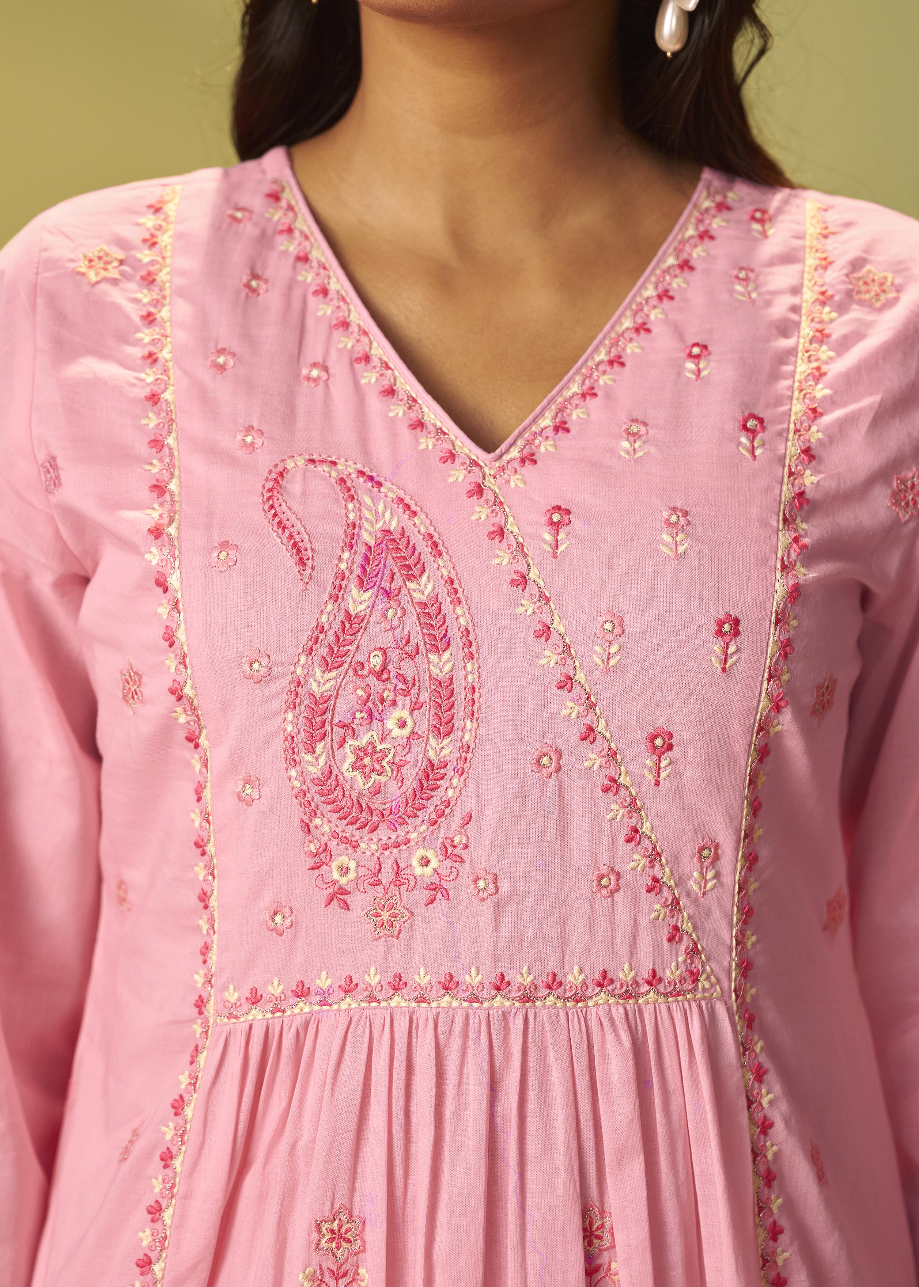 Flamingo Pink A-Line Cotton Embroidery Kurta Set