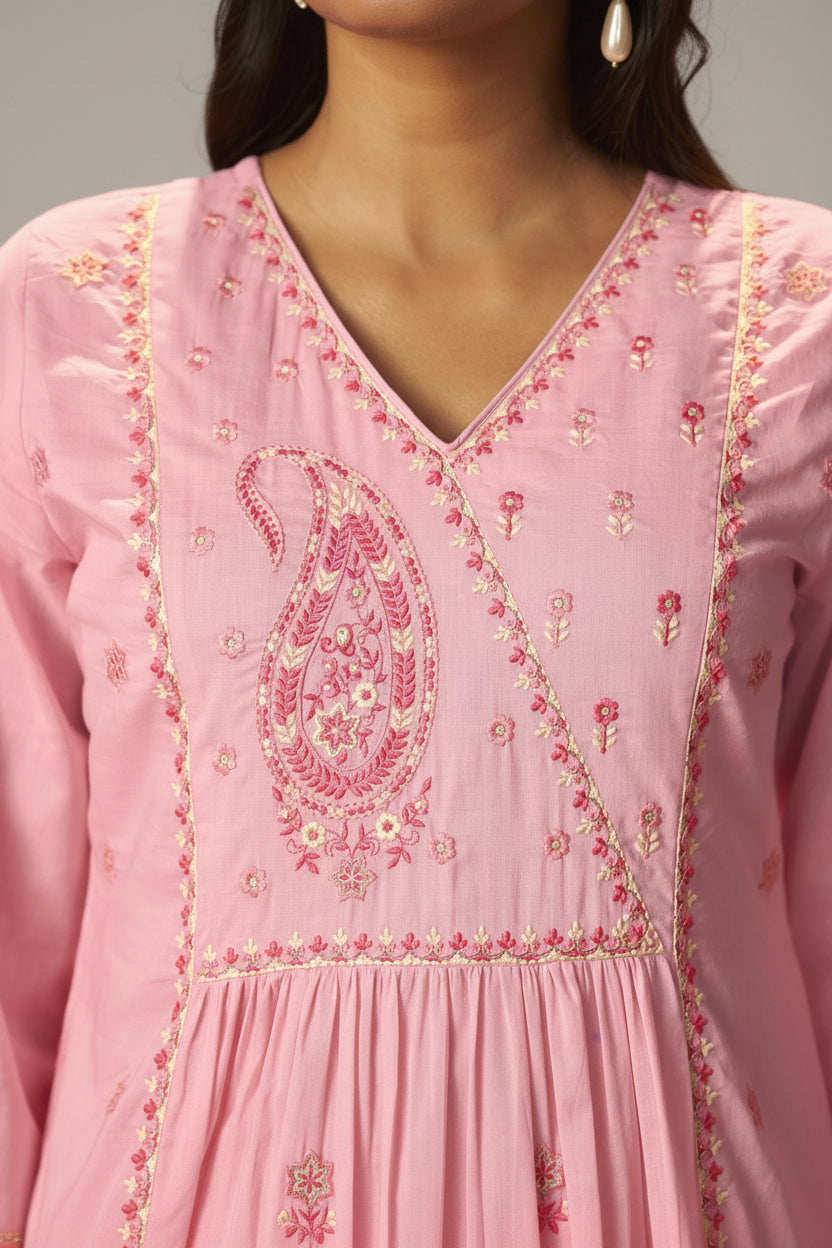 Flamingo Pink A-Line Cotton Embroidery Kurta Set
