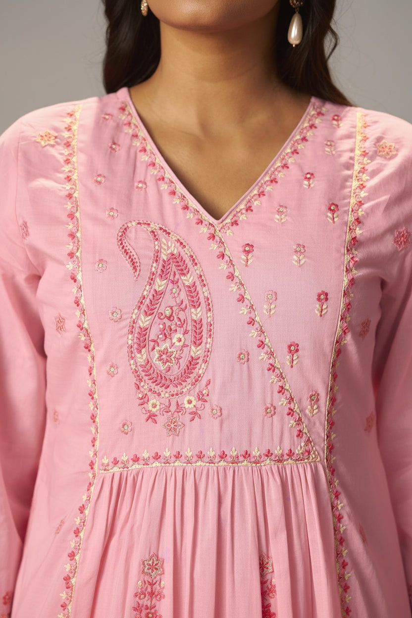 Flamingo Pink A-Line Cotton Embroidery Kurta Set