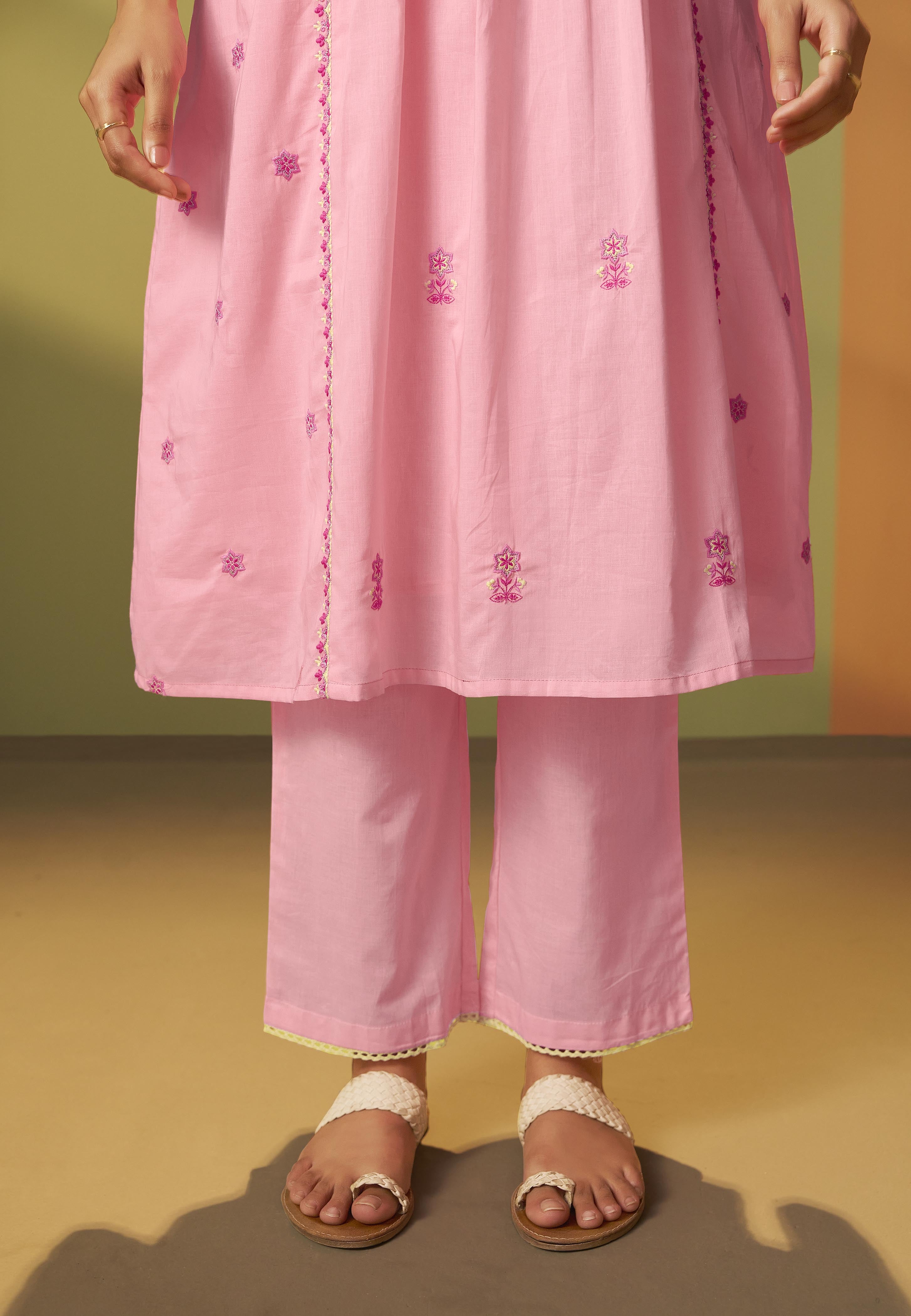 Flamingo Pink A-Line Cotton Embroidery Kurta Set