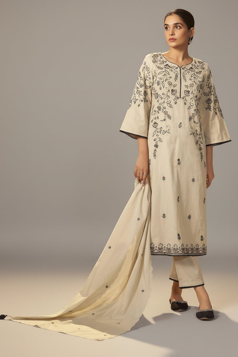 Pale Chiku Shade Cotton Embroidery Kurta Set