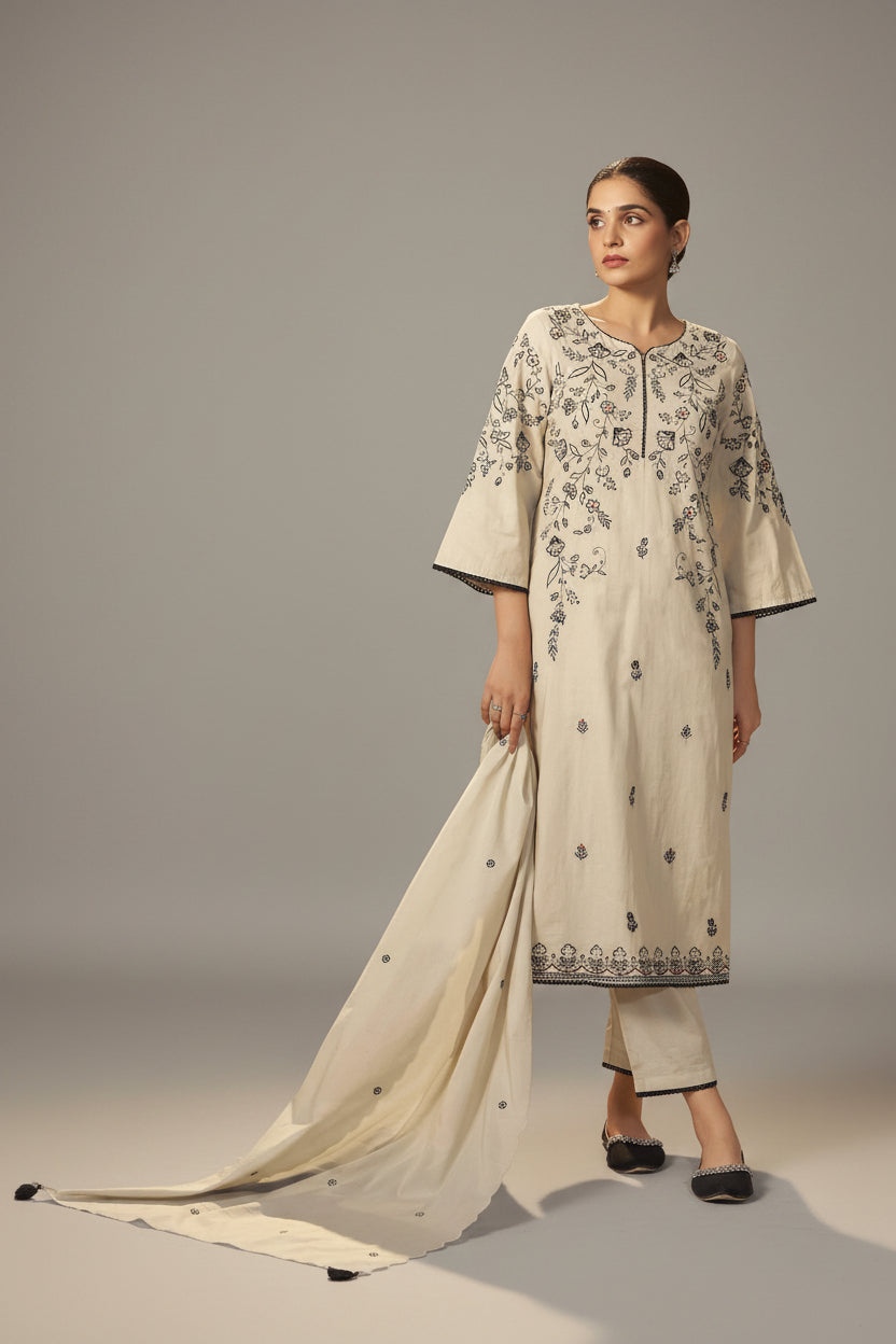Pale Chiku Shade Cotton Embroidery Kurta Set