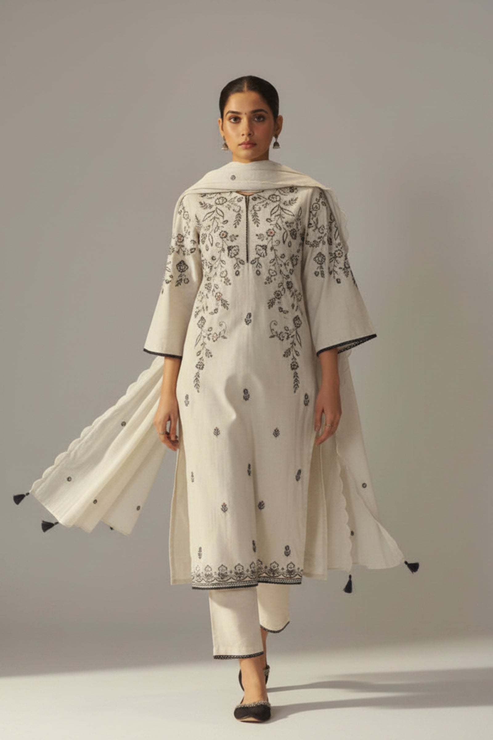 Pale Chiku Shade Cotton Embroidery Kurta Set