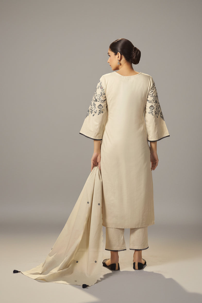 Pale Chiku Shade Cotton Embroidery Kurta Set