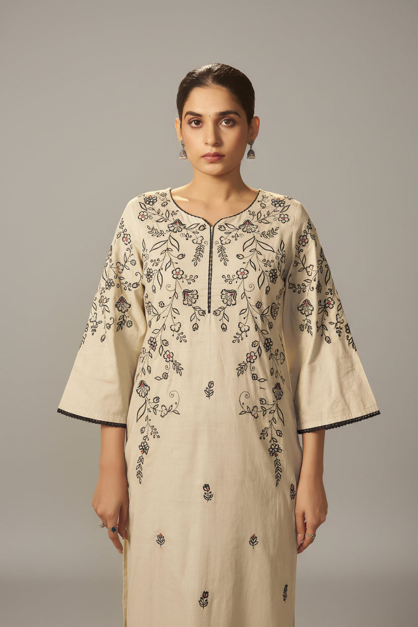 Pale Chiku Shade Cotton Embroidery Kurta Set