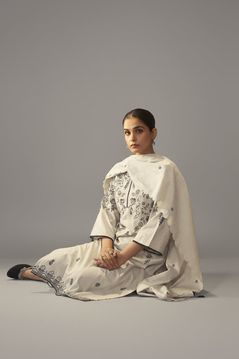 Pale Chiku Shade Cotton Embroidery Kurta Set