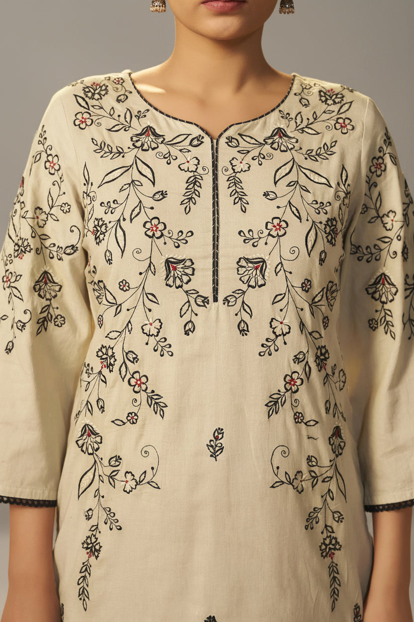 Pale Chiku Shade Cotton Embroidery Kurta Set