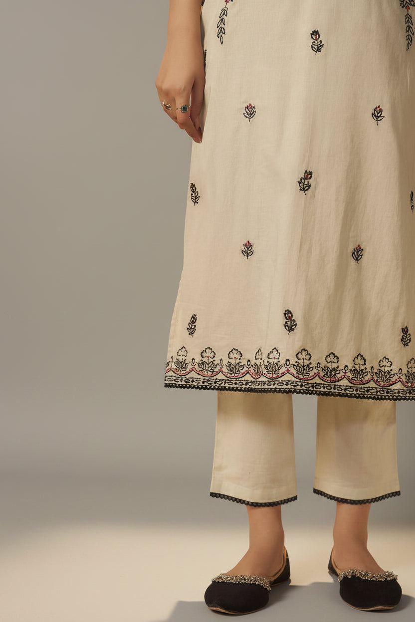 Pale Chiku Shade Cotton Embroidery Kurta Set
