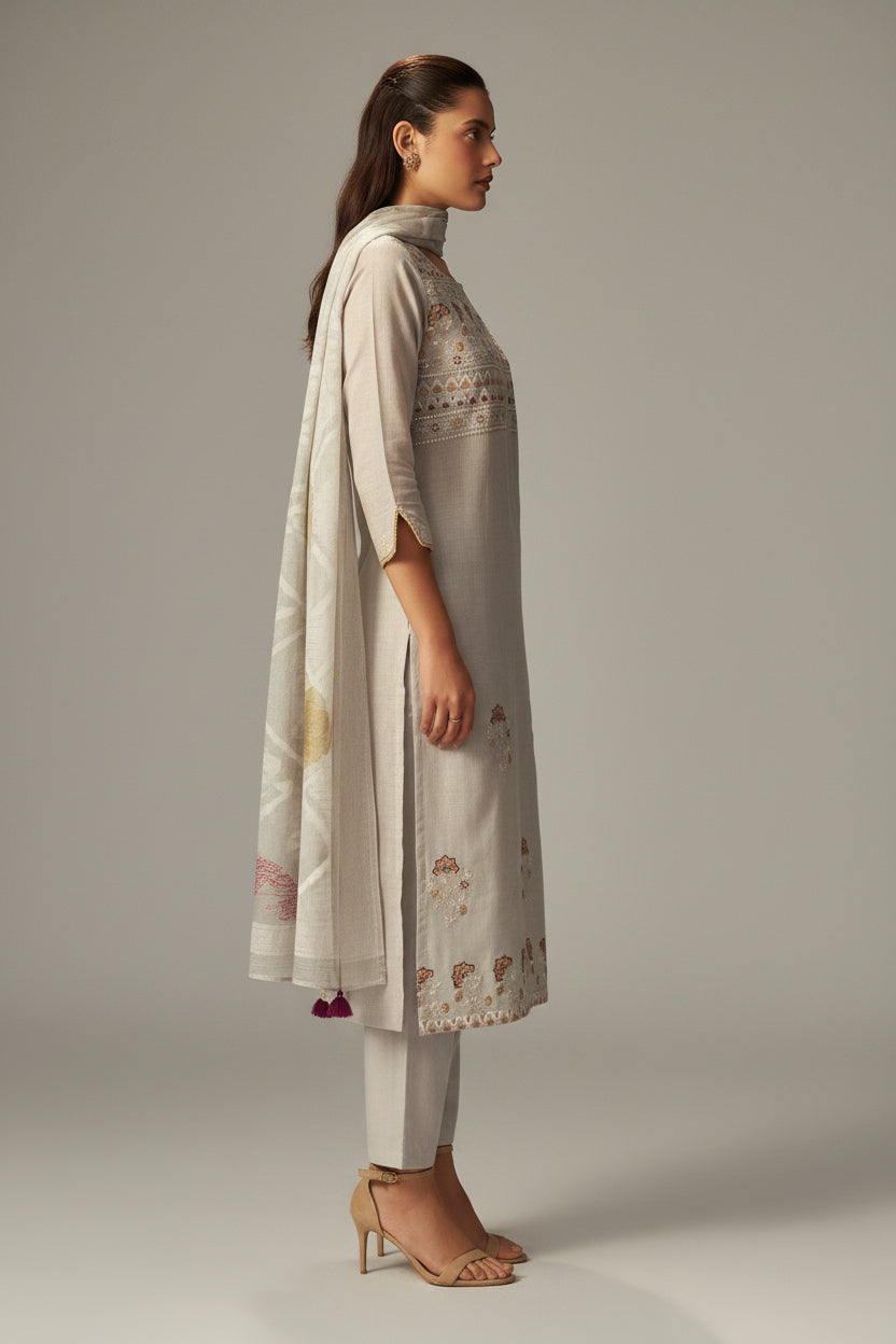 Stone Beige Chanderi Embroidery Kurta Set