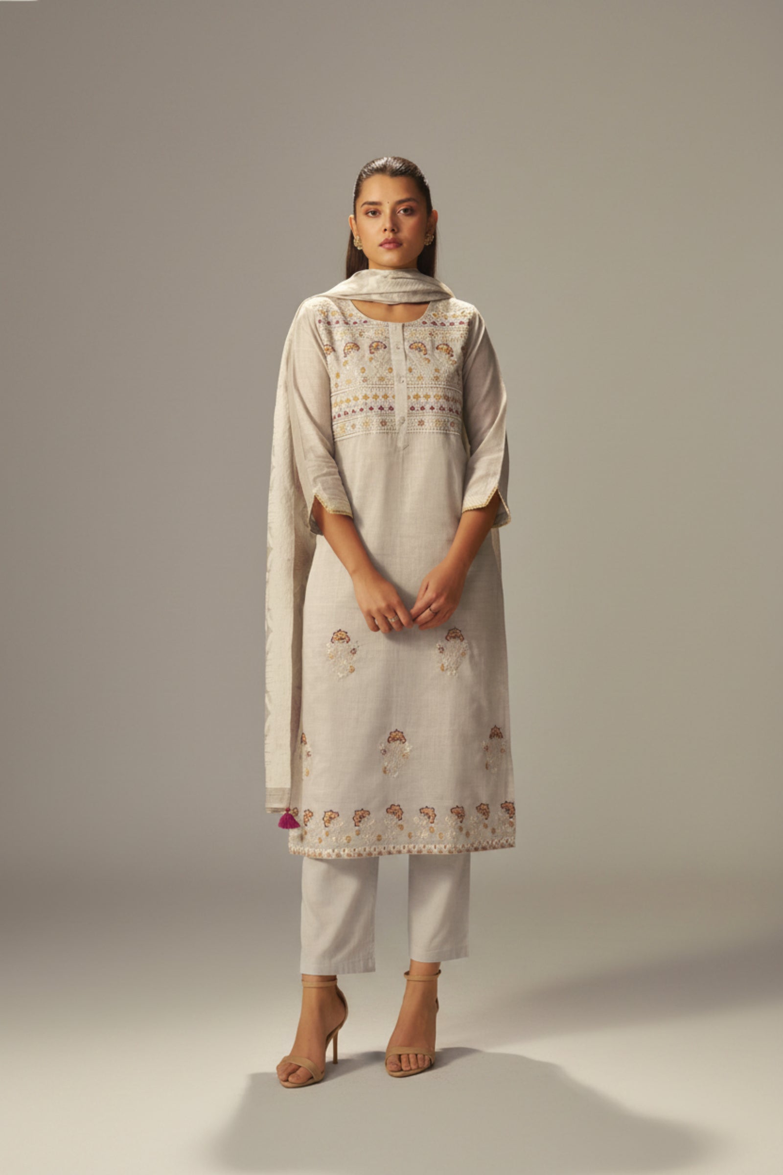 Stone Beige Chanderi Embroidery Kurta Set