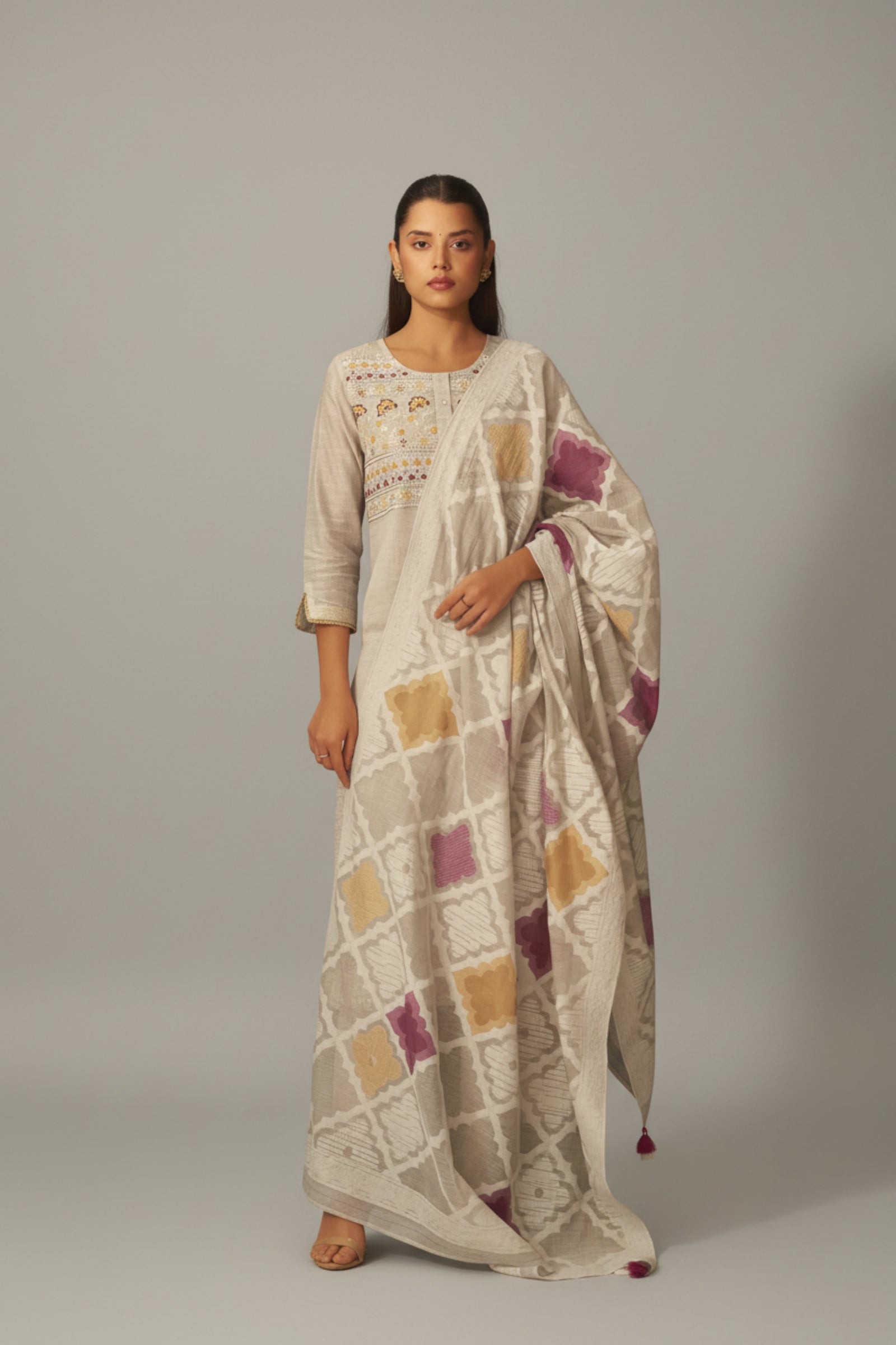 Stone Beige Chanderi Embroidery Kurta Set