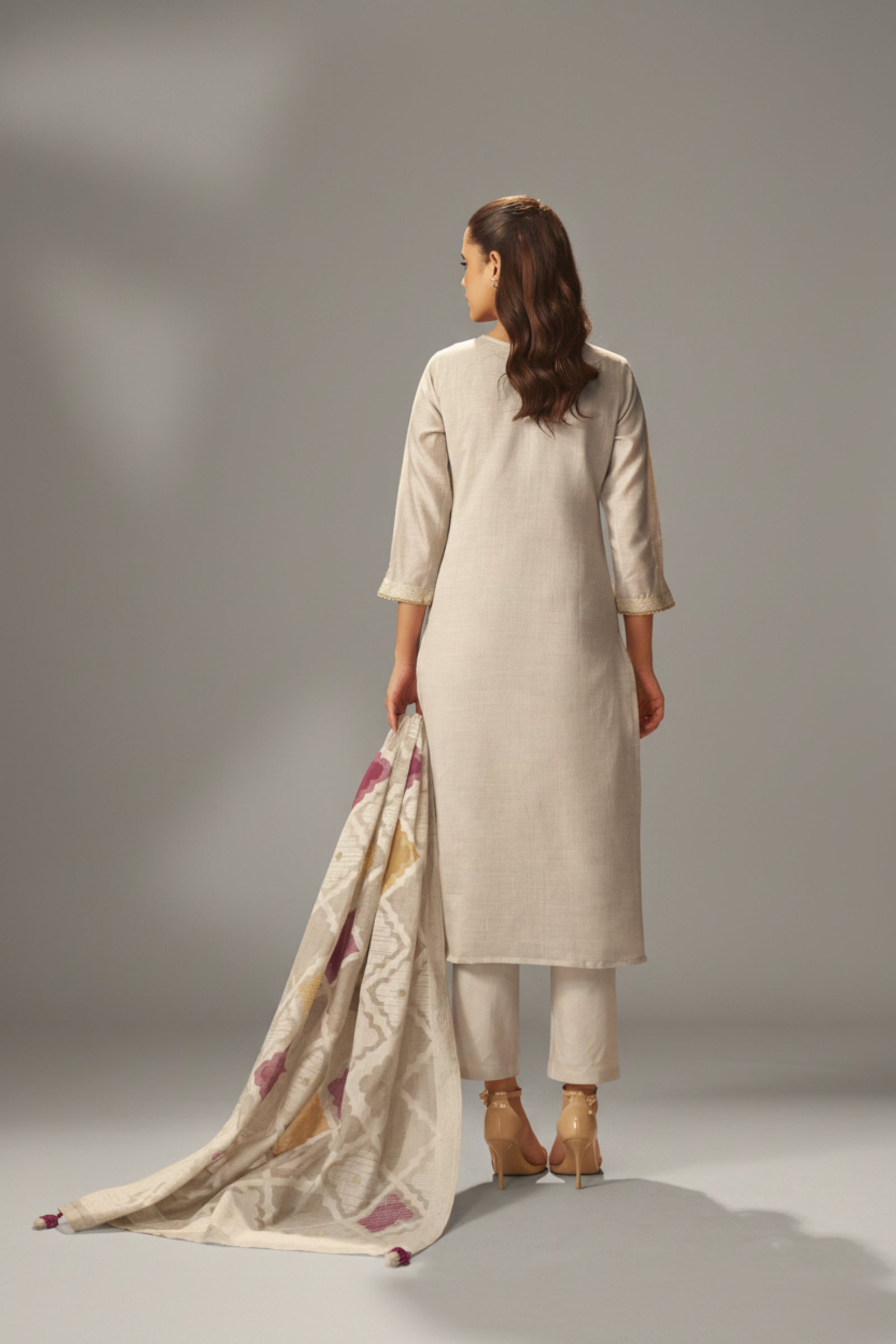 Stone Beige Chanderi Embroidery Kurta Set
