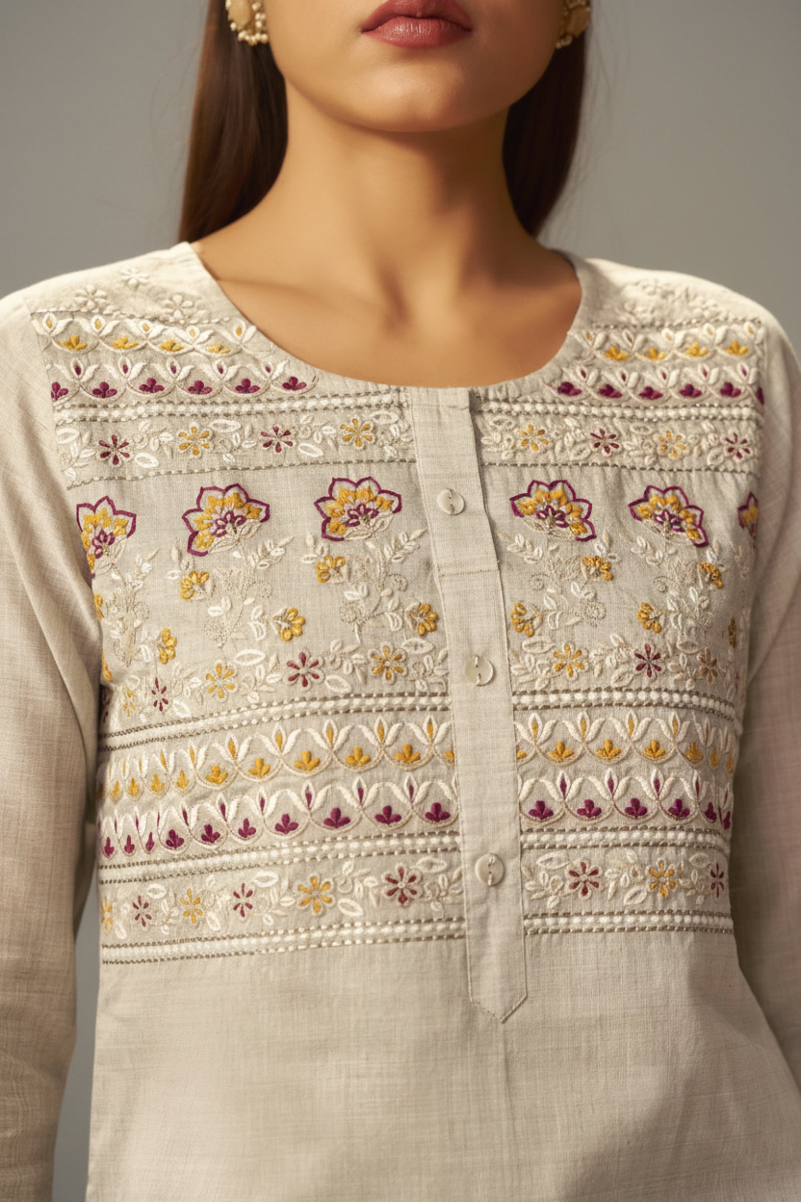 Stone Beige Chanderi Embroidery Kurta Set