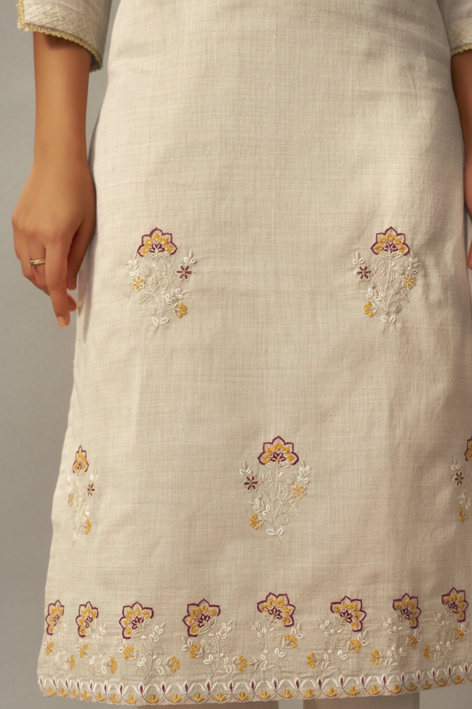 Stone Beige Chanderi Embroidery Kurta Set