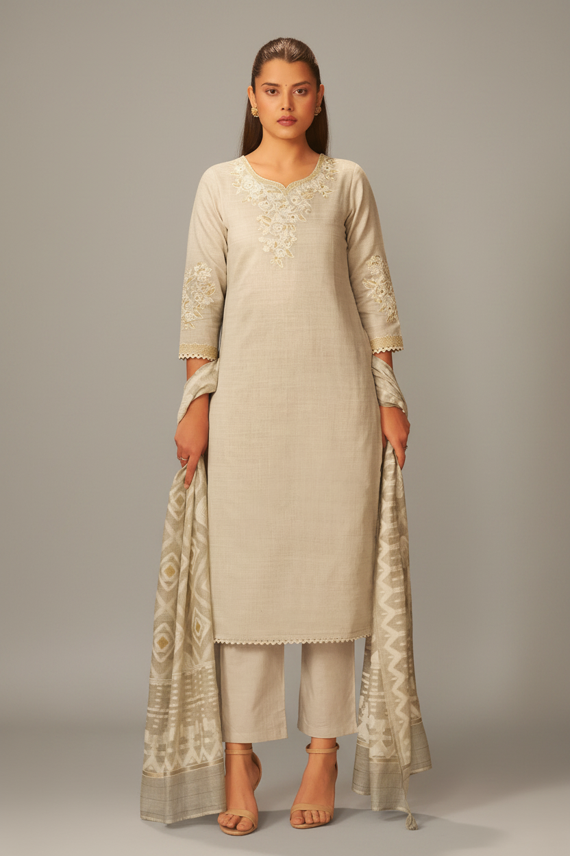 Mushroom Beige Chanderi Embroidery Kurta Set