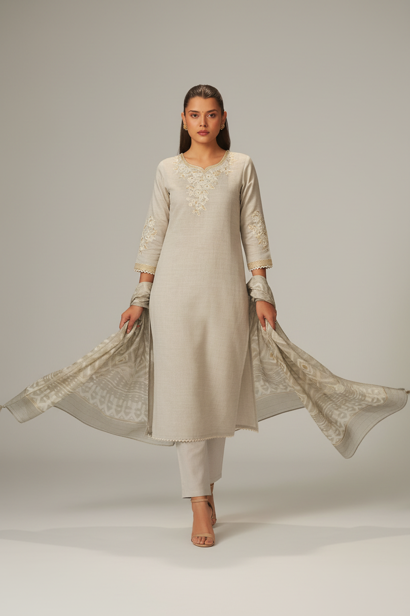 Mushroom Beige Chanderi Embroidery Kurta Set