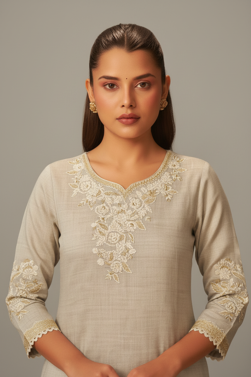 Mushroom Beige Chanderi Embroidery Kurta Set