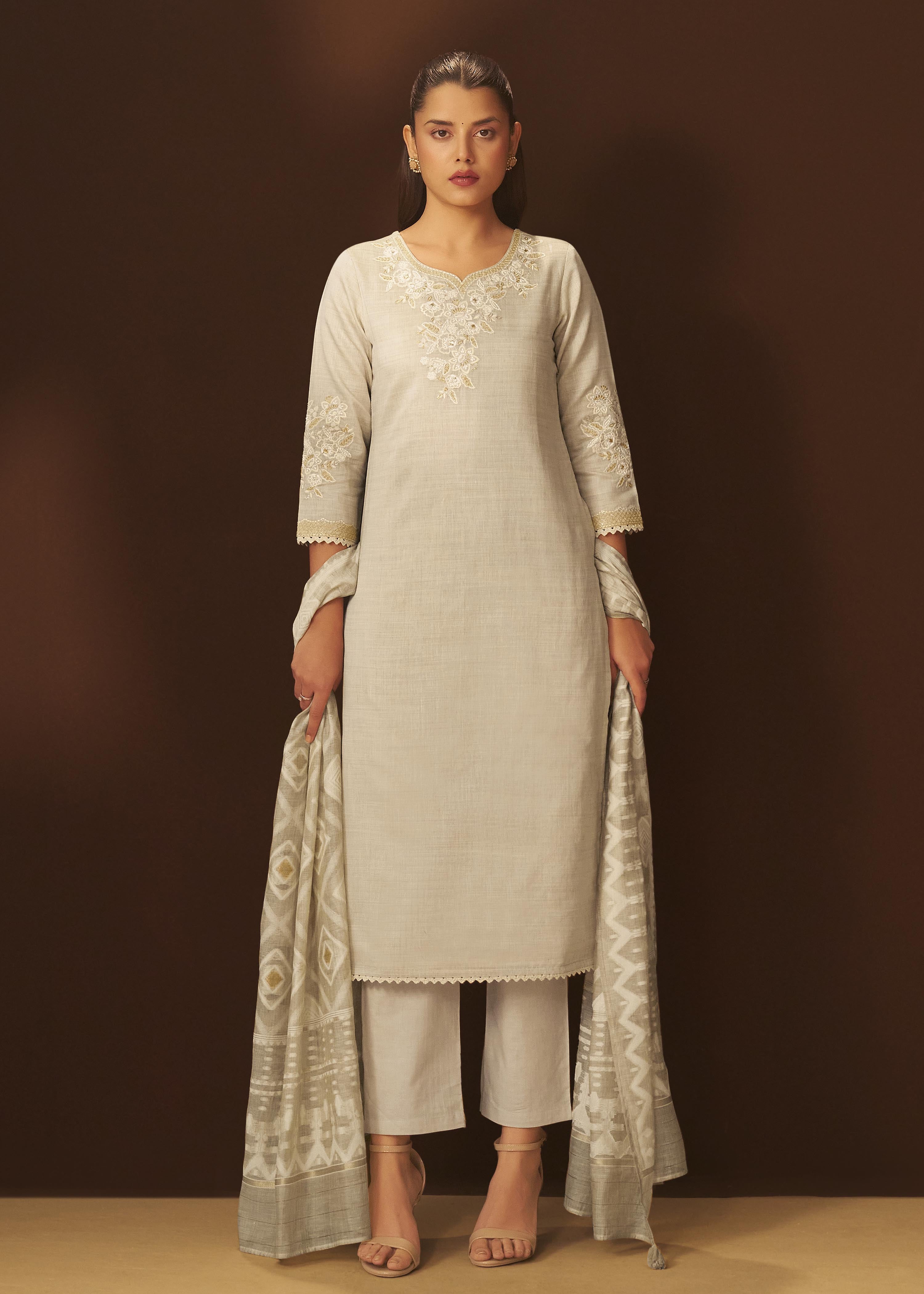 Mushroom Beige Chanderi Embroidery Kurta Set