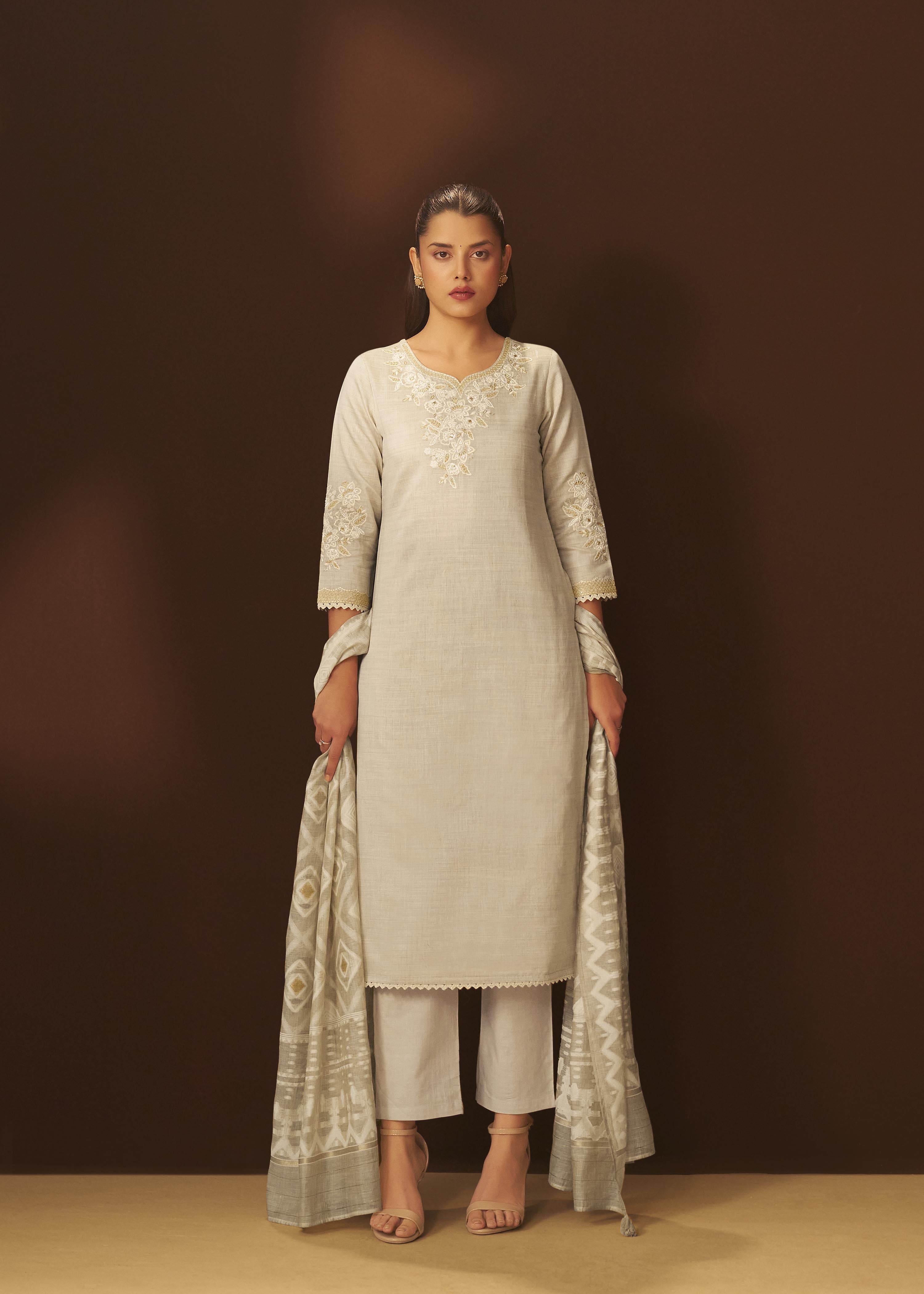 Mushroom Beige Chanderi Embroidery Kurta Set