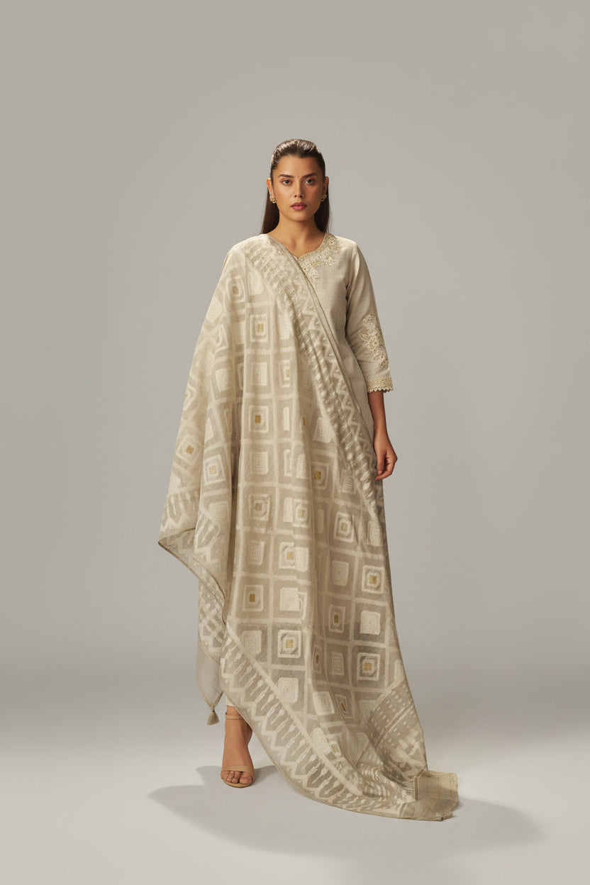 Mushroom Beige Chanderi Embroidery Kurta Set