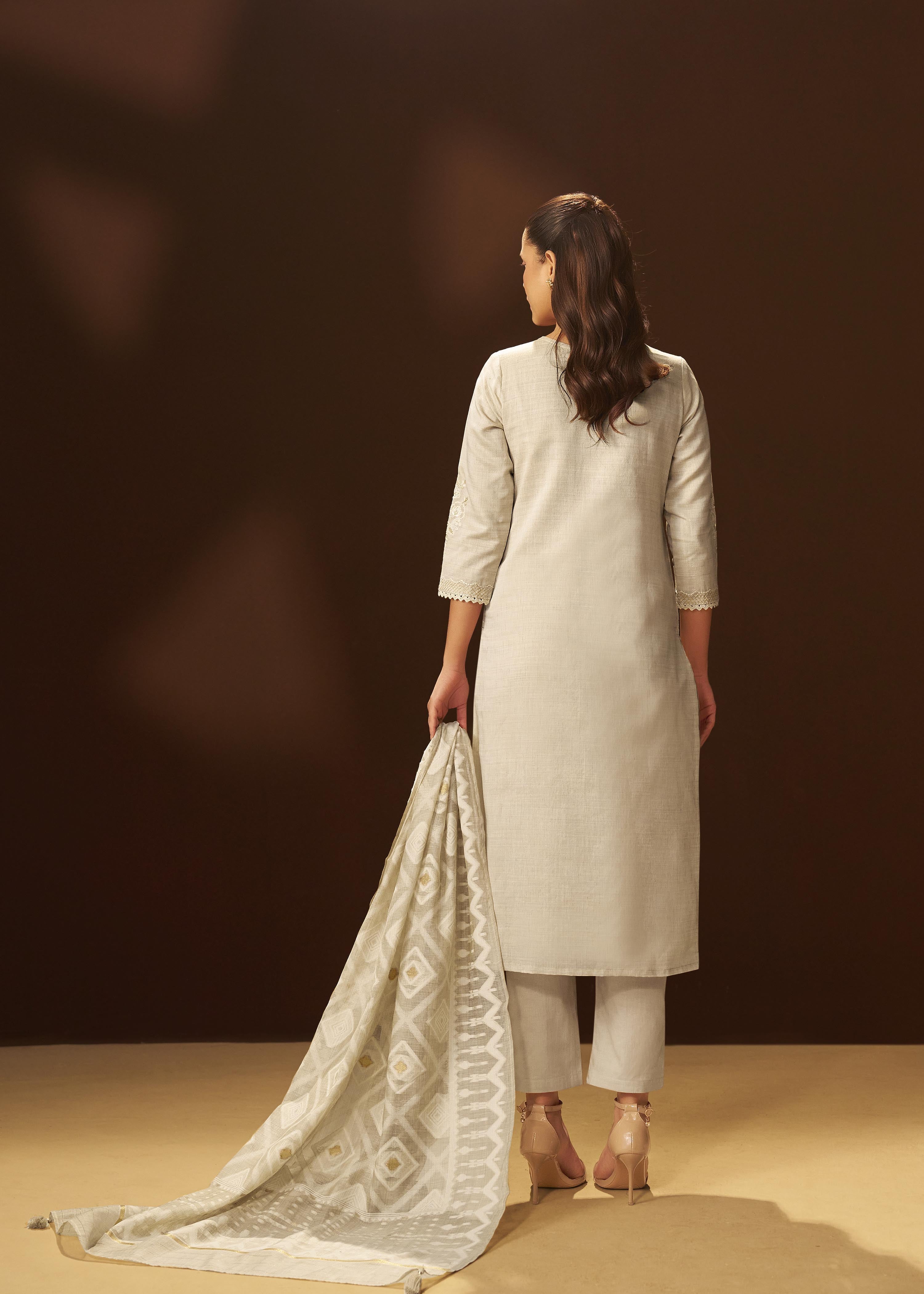 Mushroom Beige Chanderi Embroidery Kurta Set