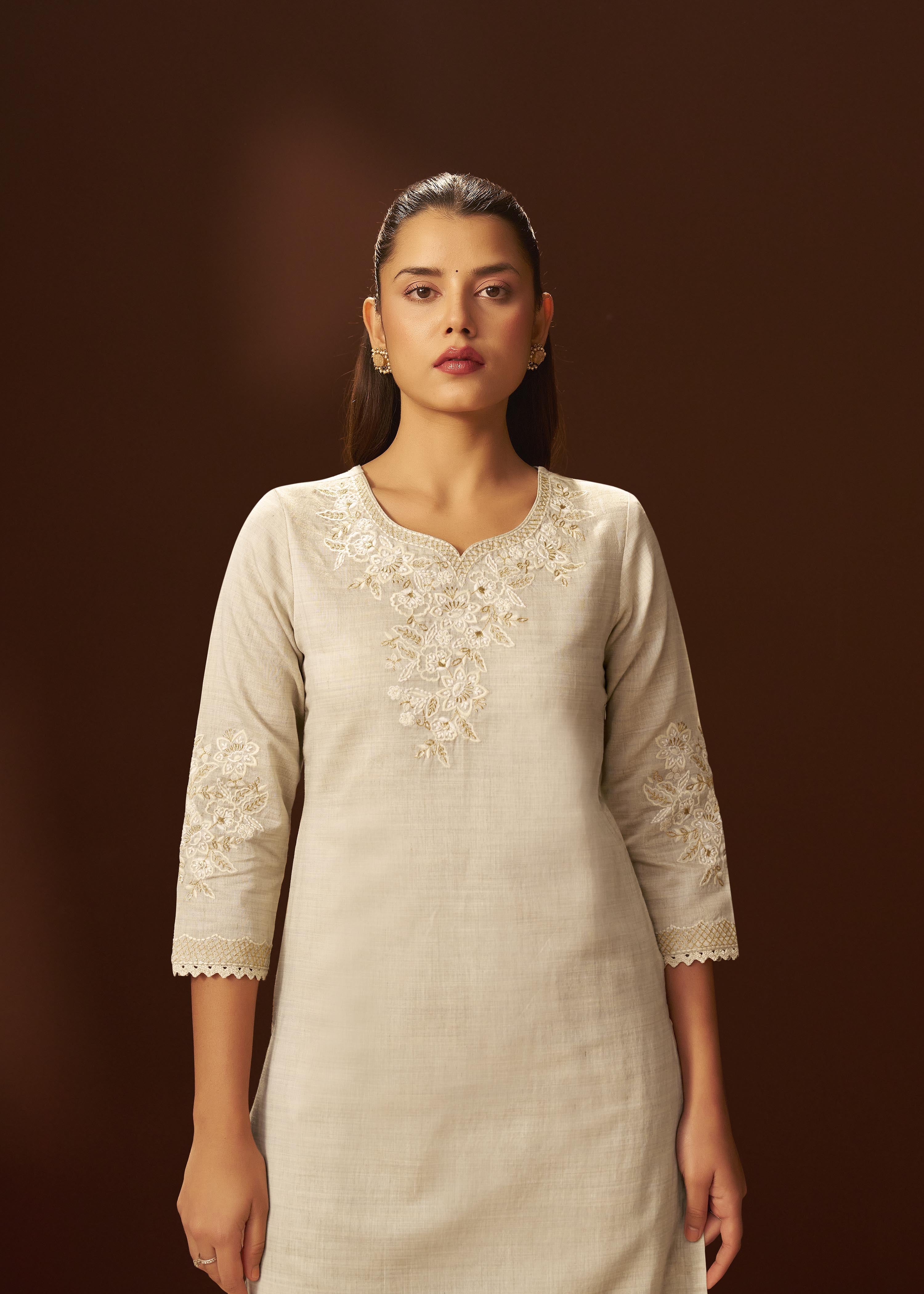 Mushroom Beige Chanderi Embroidery Kurta Set