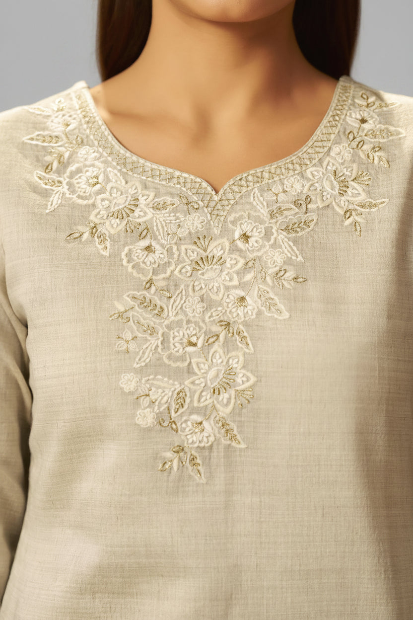 Mushroom Beige Chanderi Embroidery Kurta Set
