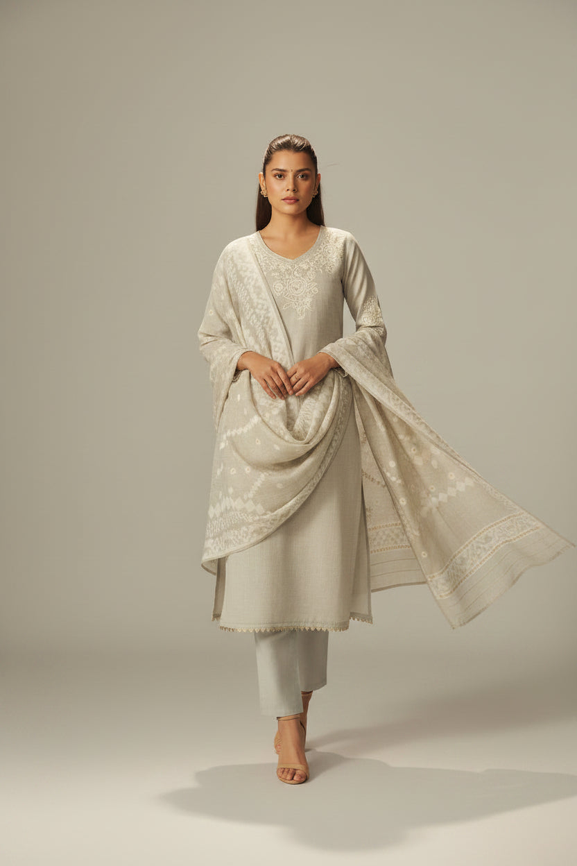 Muted Beige Chanderi Embroidery Kurta Set