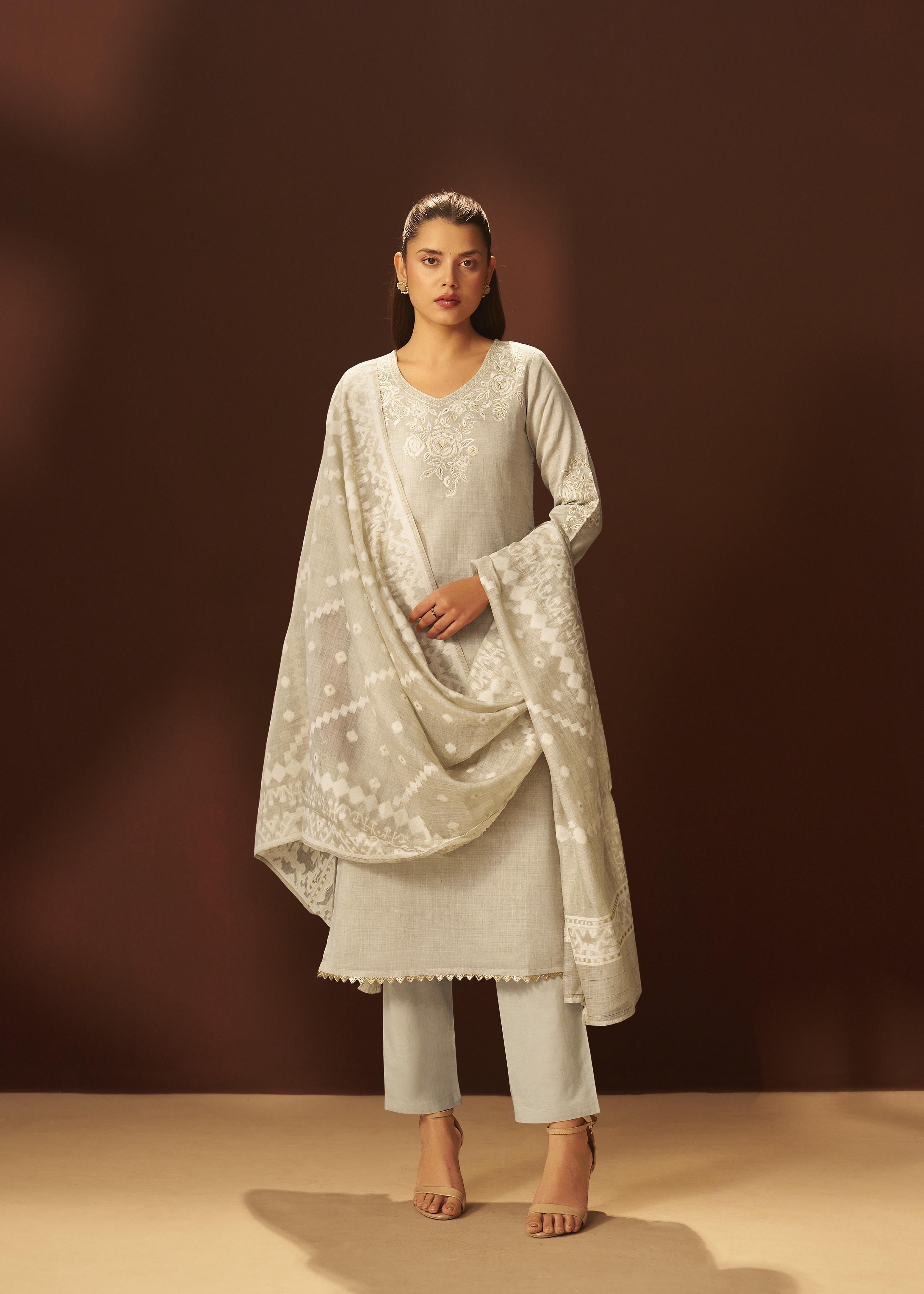 Muted Beige Chanderi Embroidery Kurta Set