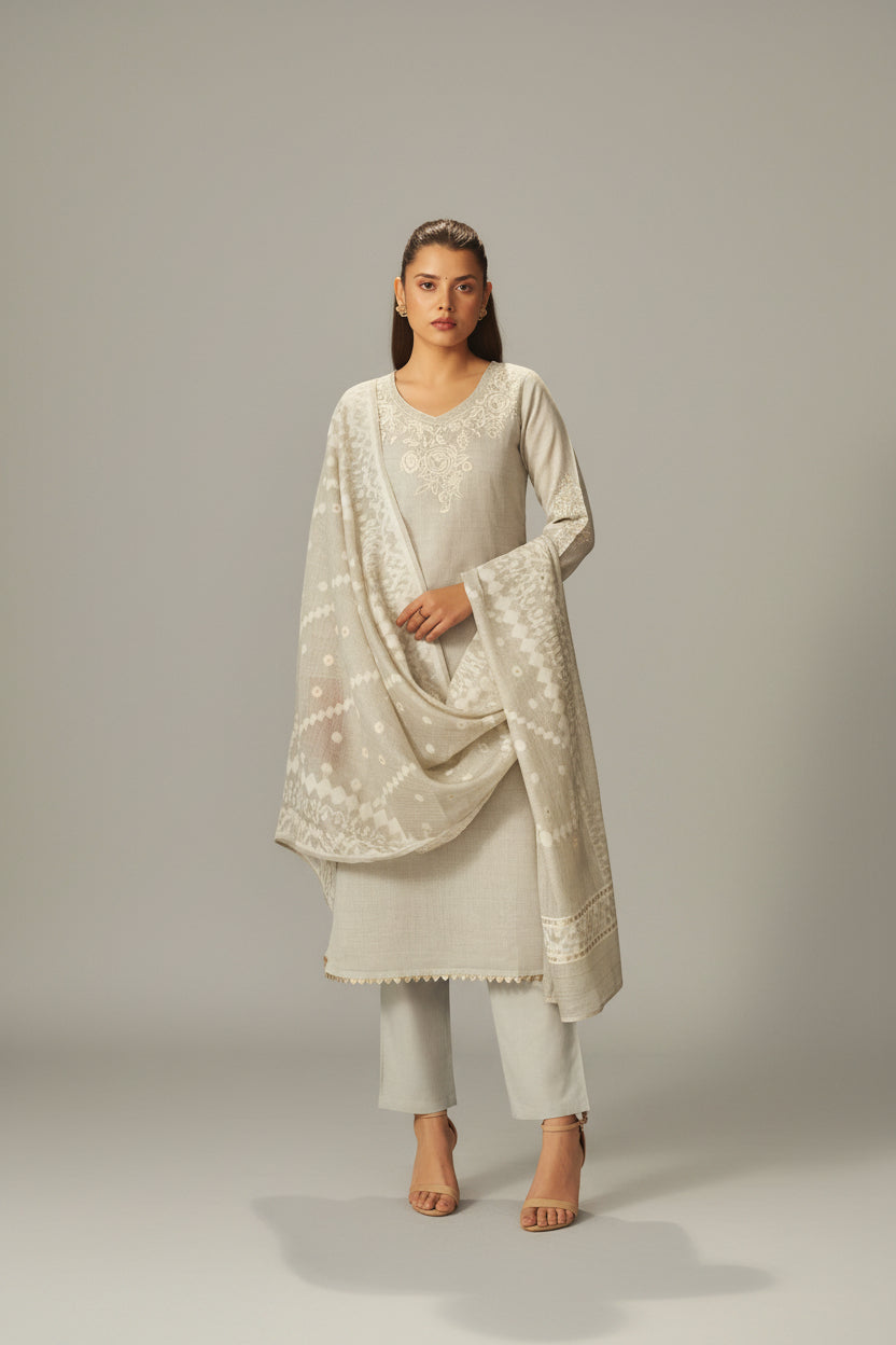 Muted Beige Chanderi Embroidery Kurta Set
