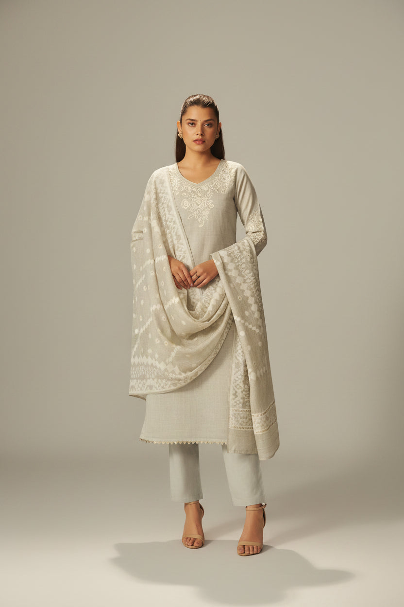 Muted Beige Chanderi Embroidery Kurta Set