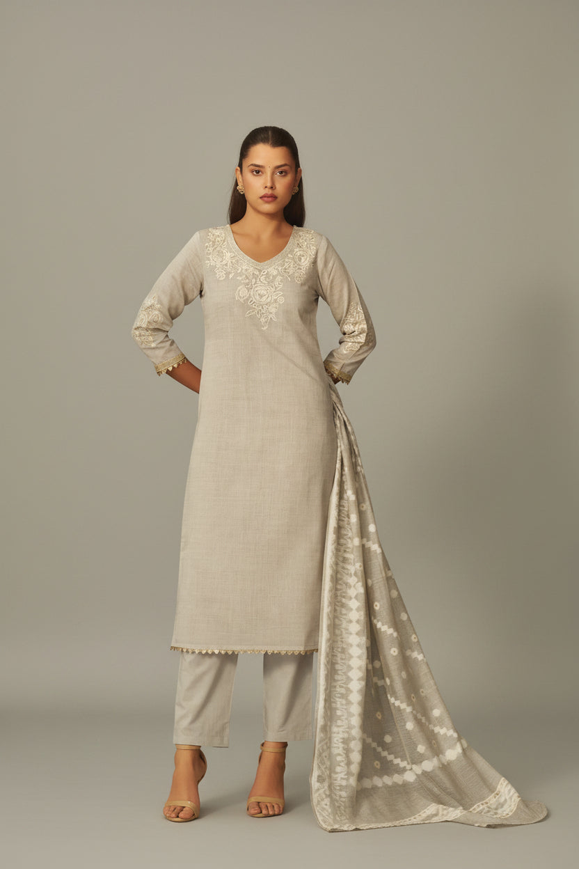 Muted Beige Chanderi Embroidery Kurta Set
