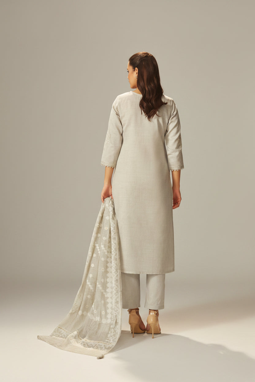Muted Beige Chanderi Embroidery Kurta Set