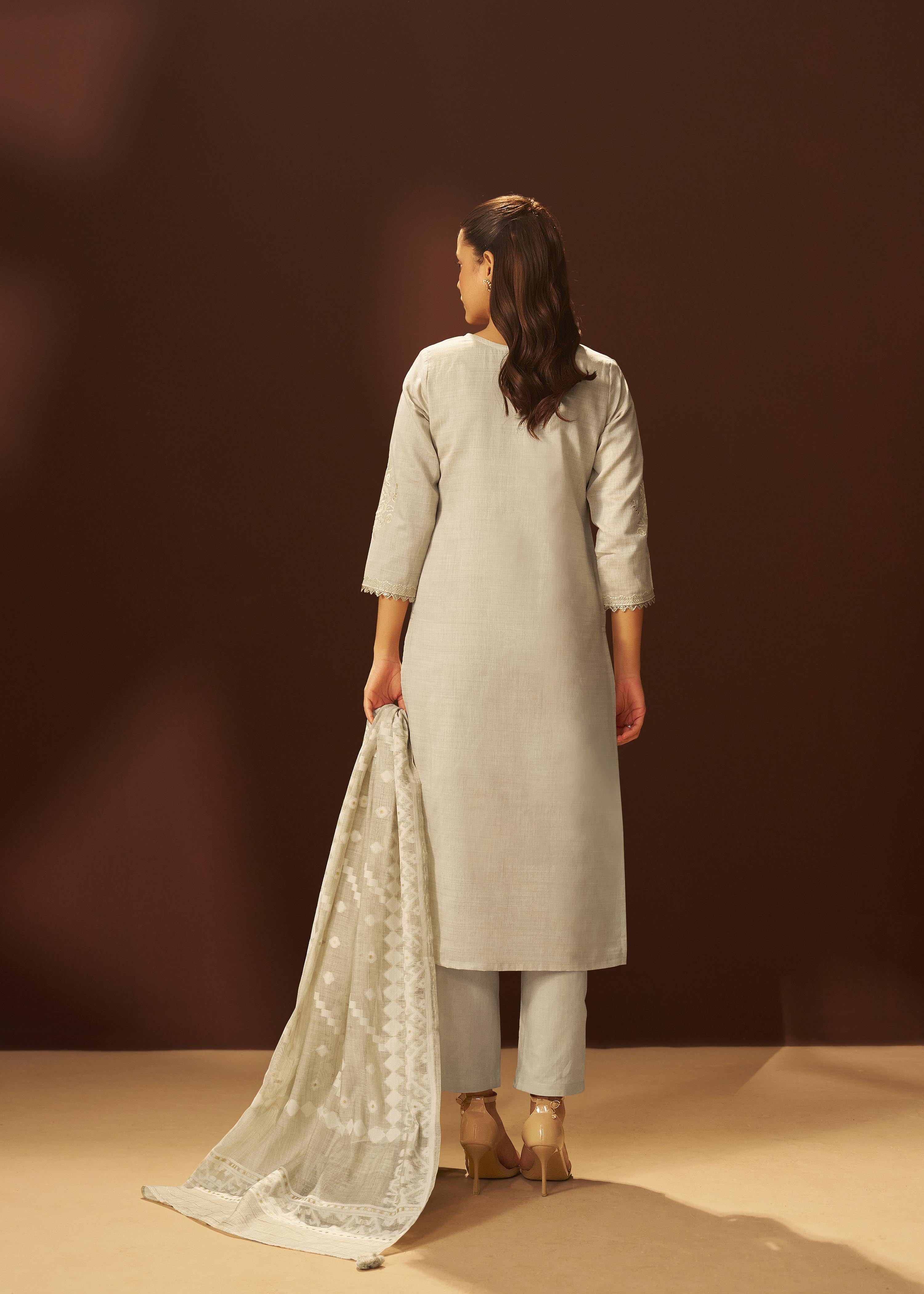 Muted Beige Chanderi Embroidery Kurta Set