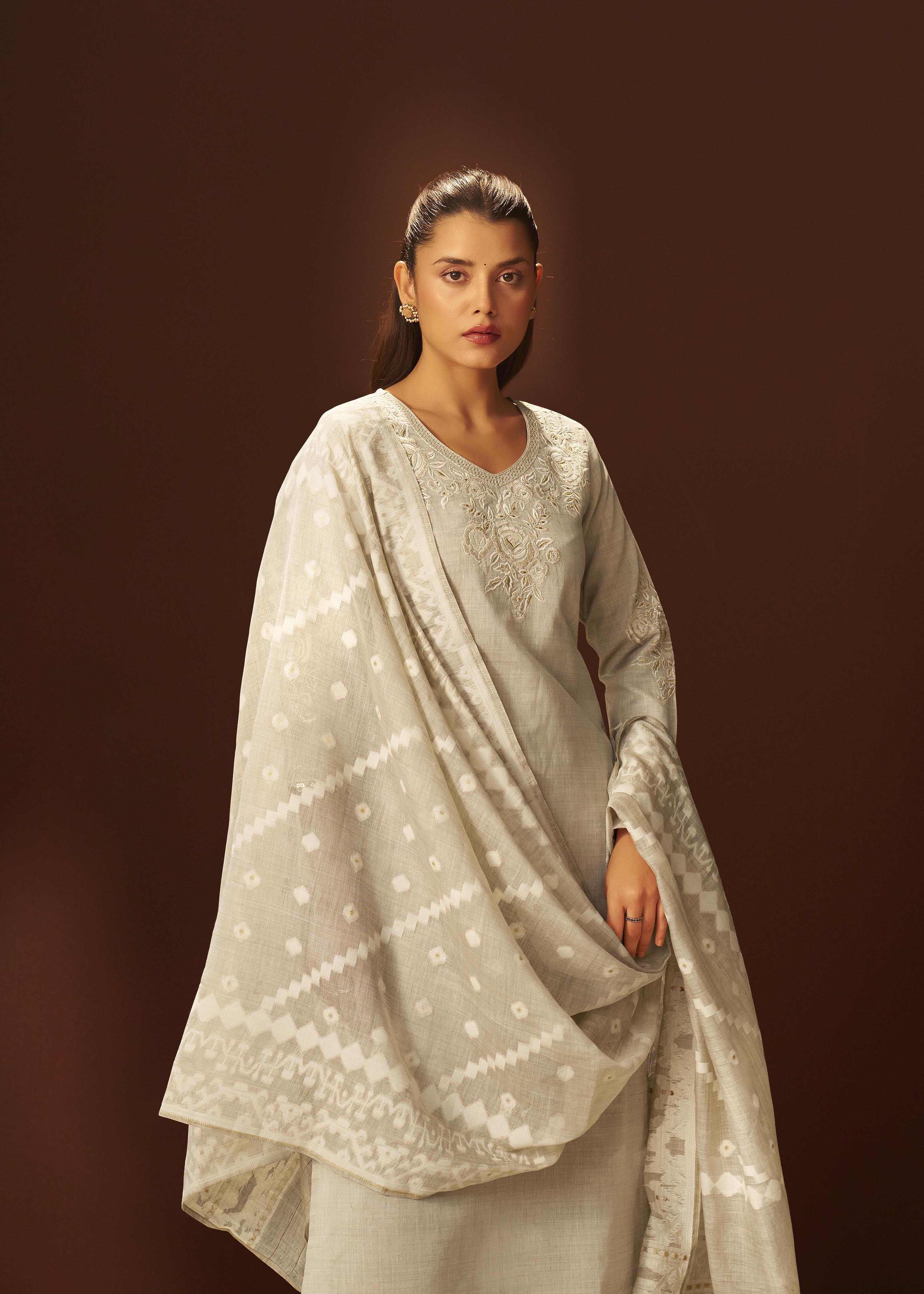 Muted Beige Chanderi Embroidery Kurta Set