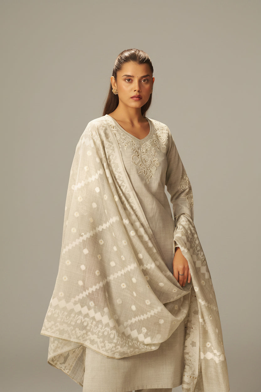 Muted Beige Chanderi Embroidery Kurta Set