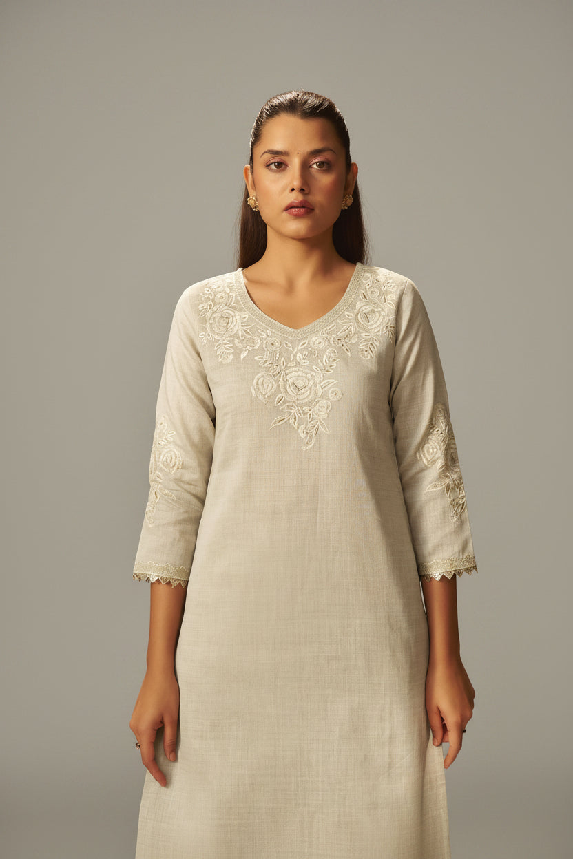 Muted Beige Chanderi Embroidery Kurta Set