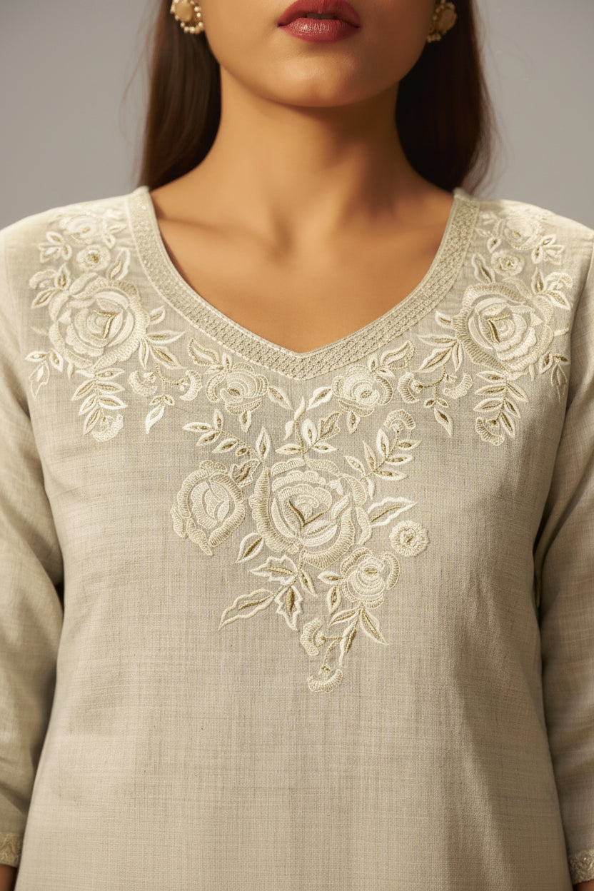 Muted Beige Chanderi Embroidery Kurta Set