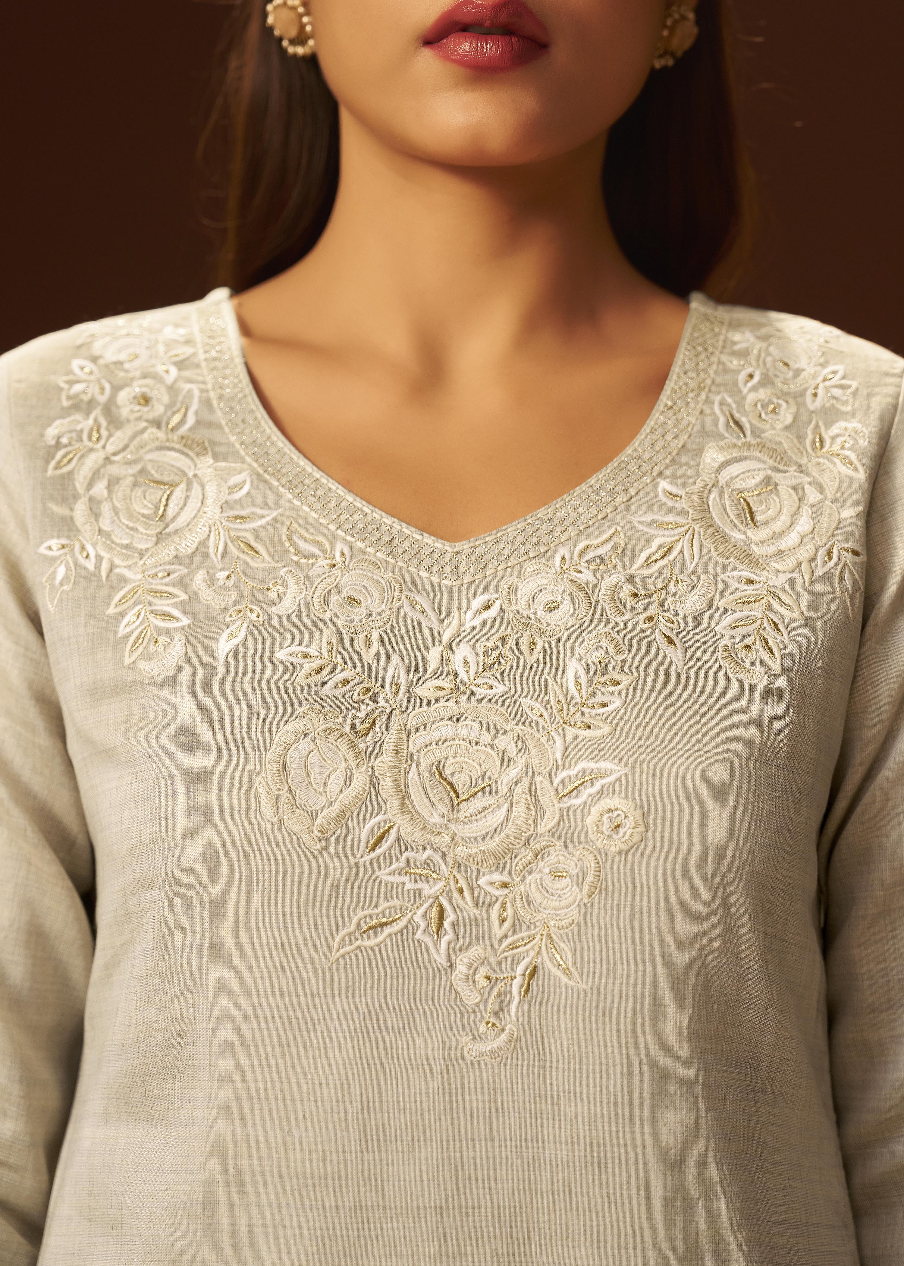 Muted Beige Chanderi Embroidery Kurta Set