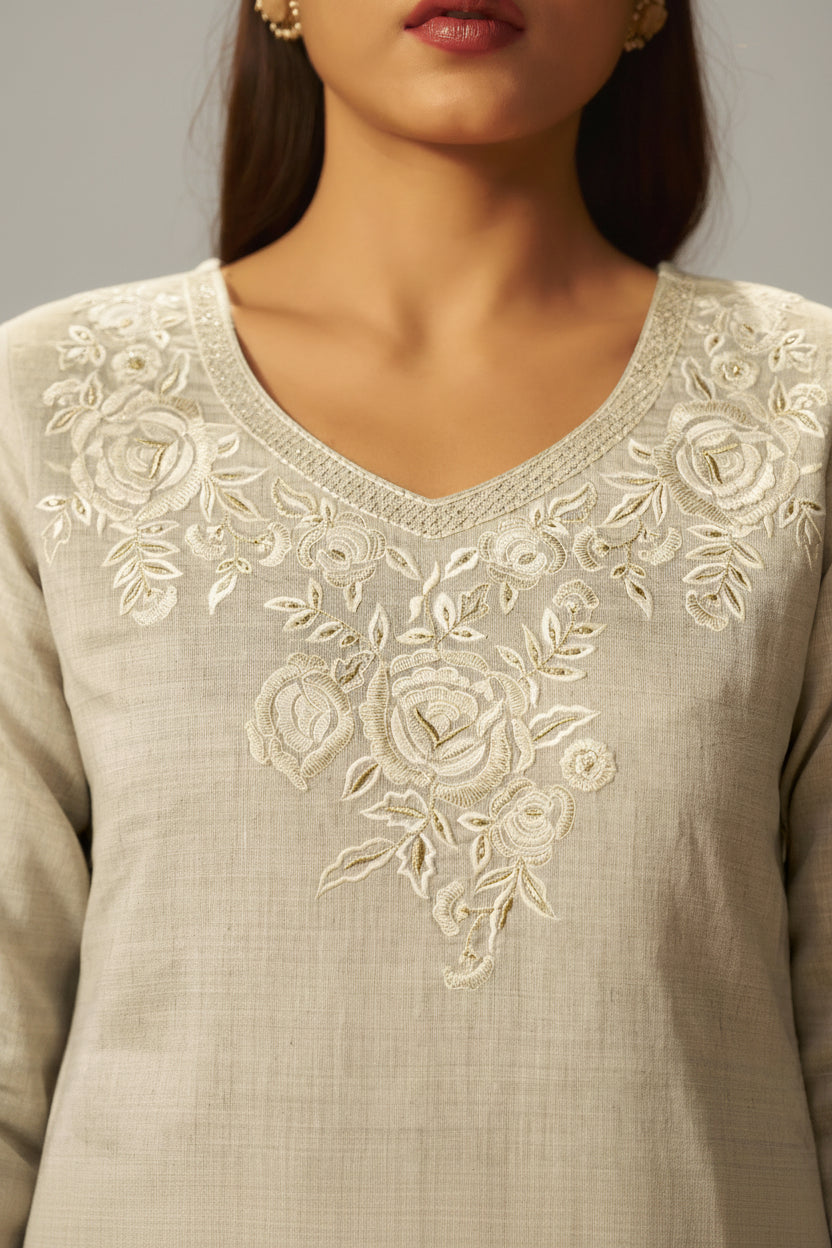 Muted Beige Chanderi Embroidery Kurta Set